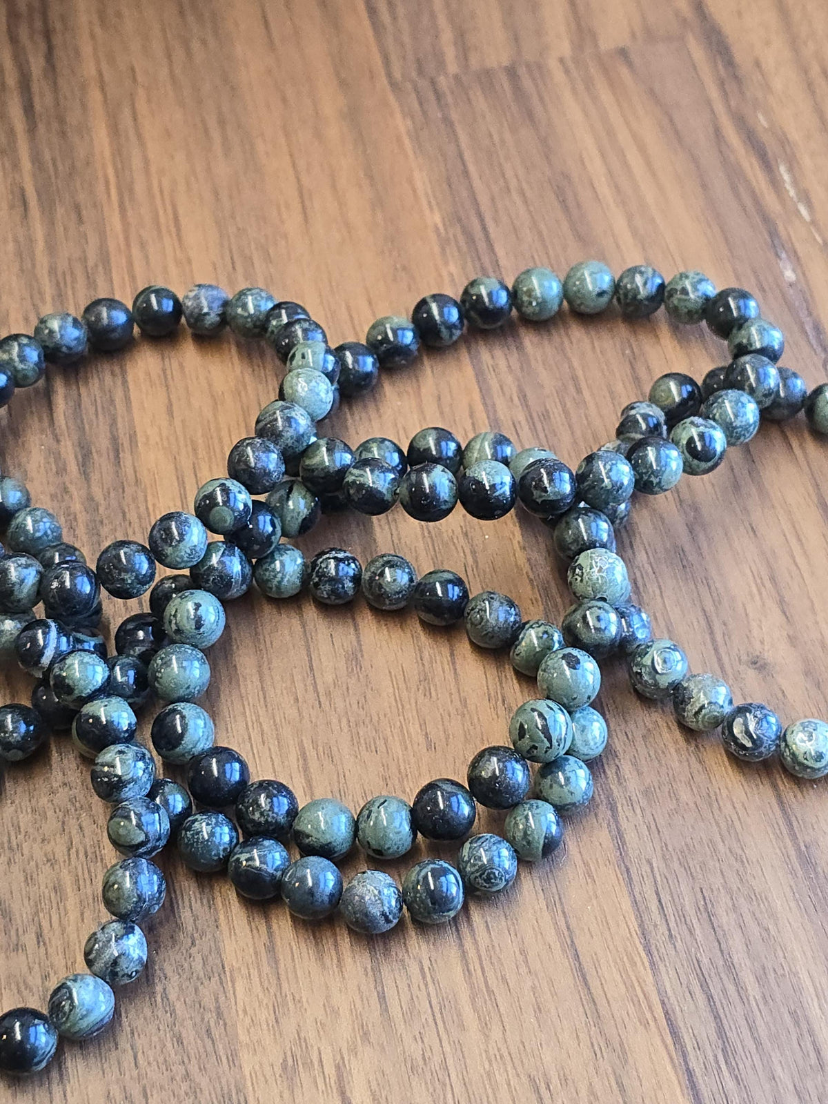 Inv - Kambaba Jasper Bracelet: 8MM Dark Green Crystal Beads | Evil Eye patterns and swirls in deep Forest Colors | Subtle gift for him