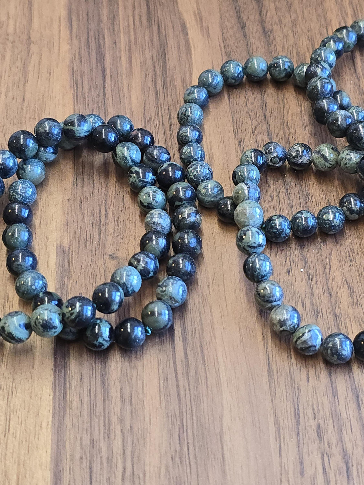 Inv - Kambaba Jasper Bracelet: 8MM Dark Green Crystal Beads | Evil Eye patterns and swirls in deep Forest Colors | Subtle gift for him