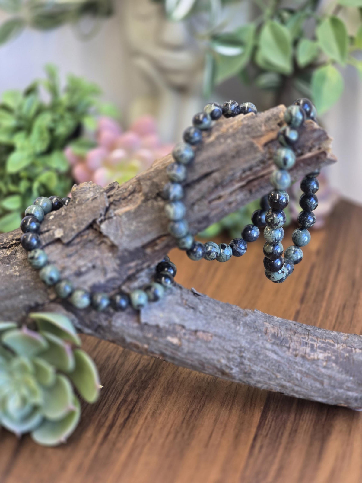 Inv - Kambaba Jasper Bracelet: 8MM Dark Green Crystal Beads | Evil Eye patterns and swirls in deep Forest Colors | Subtle gift for him