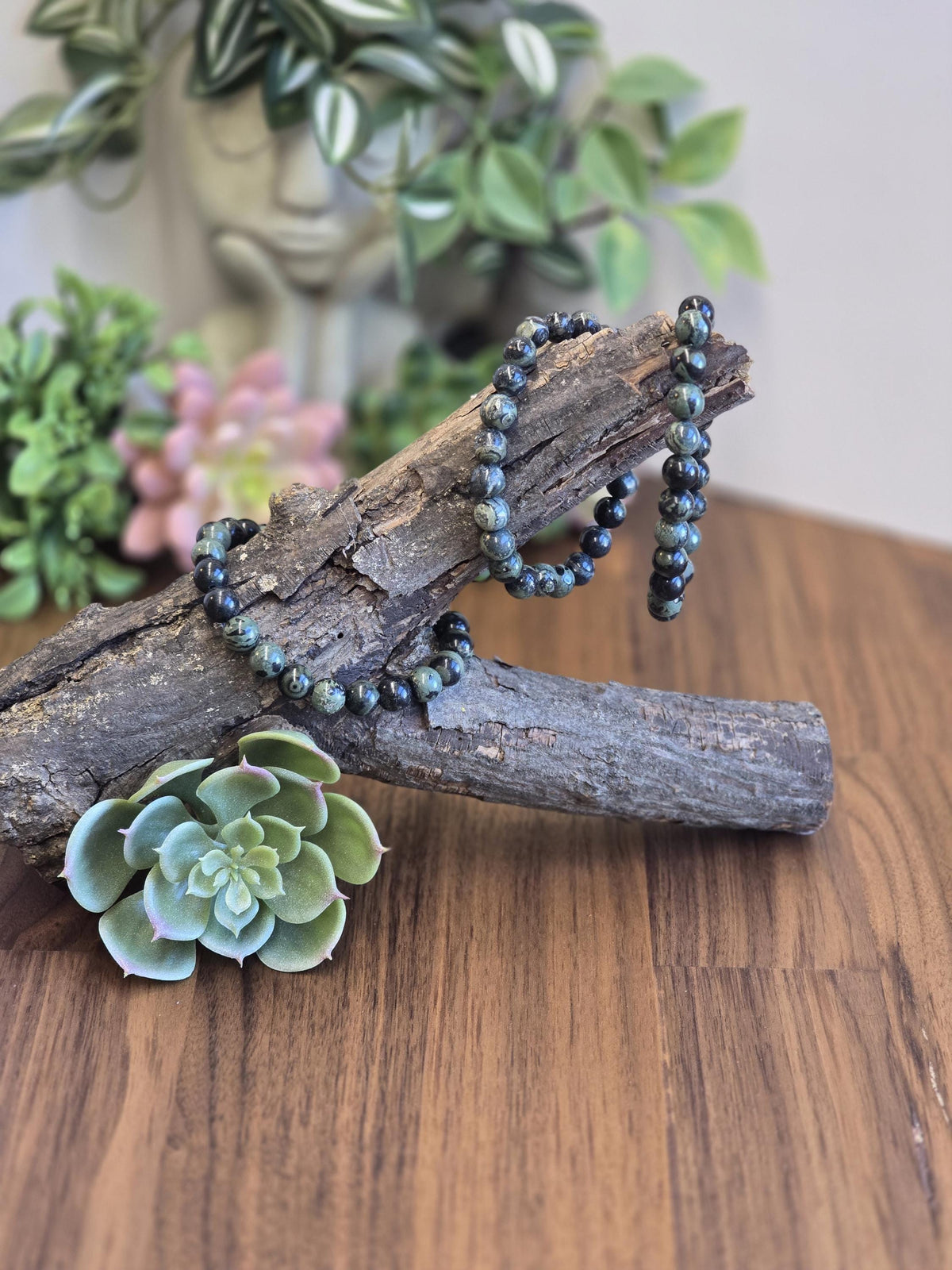 Inv - Kambaba Jasper Bracelet: 8MM Dark Green Crystal Beads | Evil Eye patterns and swirls in deep Forest Colors | Subtle gift for him