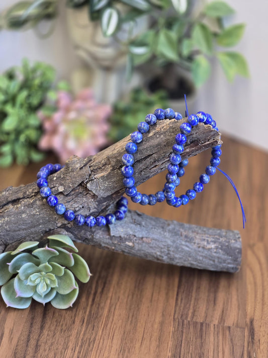 Lapis Lazuli | 8MM Crystal Bracelet | Intense Blue Metamorphic Rock with Pyrite | The Royalty Stone | Deep Navy Blue and Silver touches