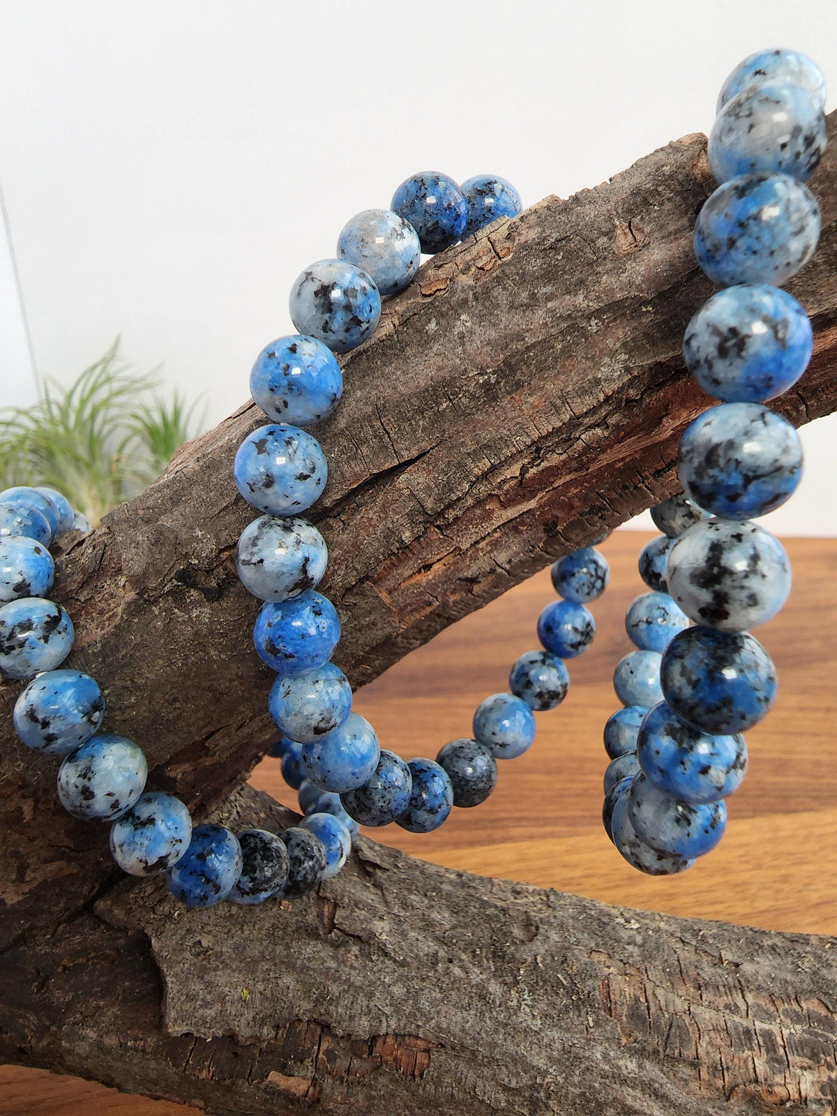 A collection of blue and black speckled beads arranged on a wooden surface, with a plant visible in the background.