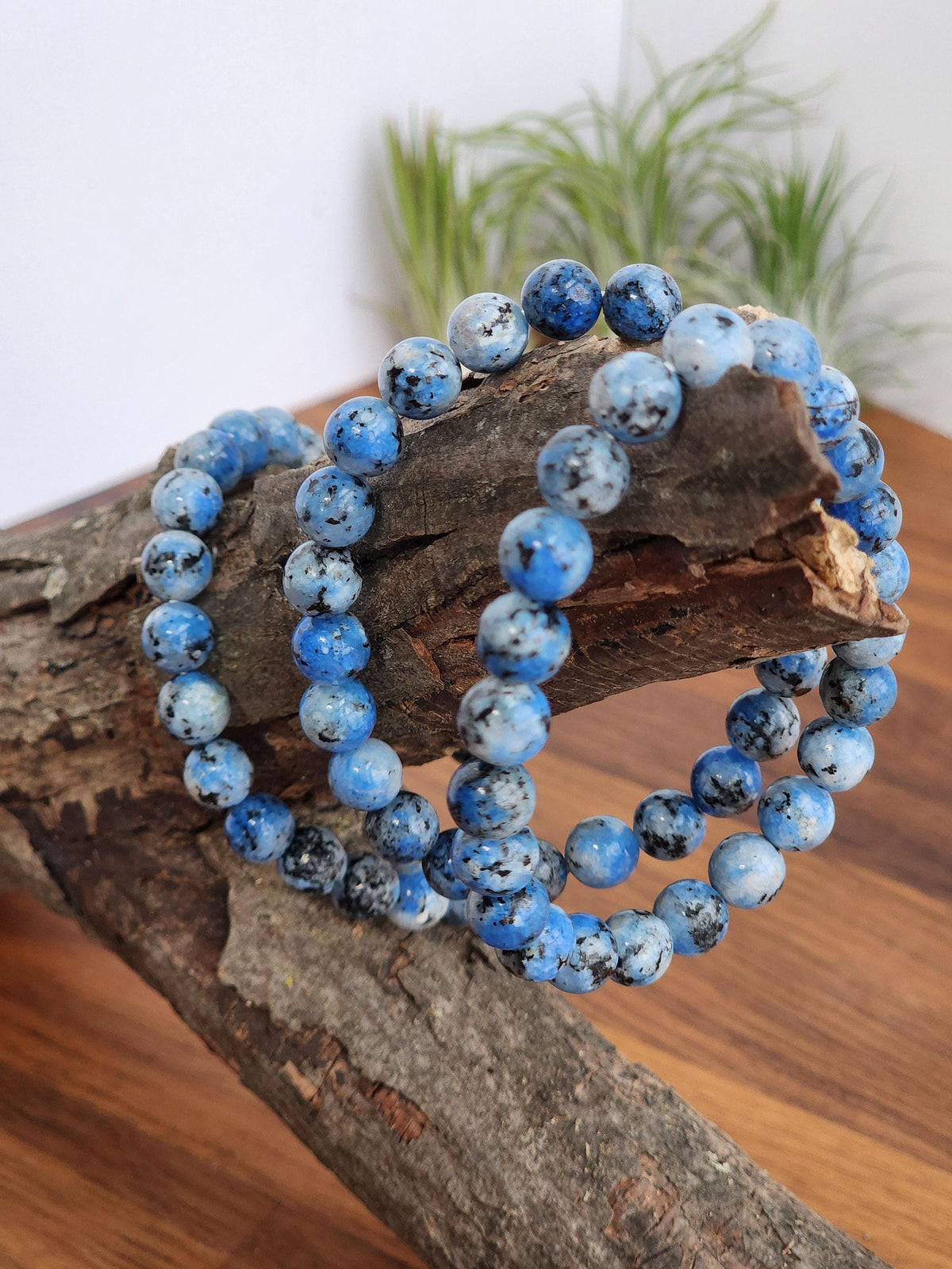 A pair of blue and white beaded bracelets resting on a wooden surface, with a plant visible in the background.