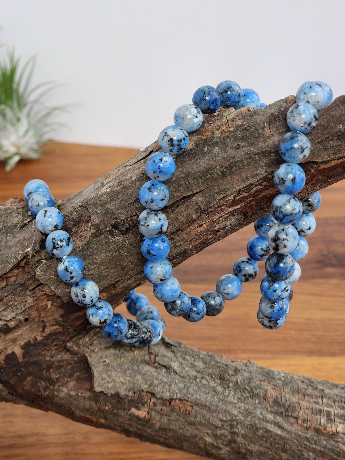 Inv - K2 Crystal Bracelet | 8mm Blue, White and Black Spotted Mountain Stone | Subtle Small Gift for her, him, couples or friends
