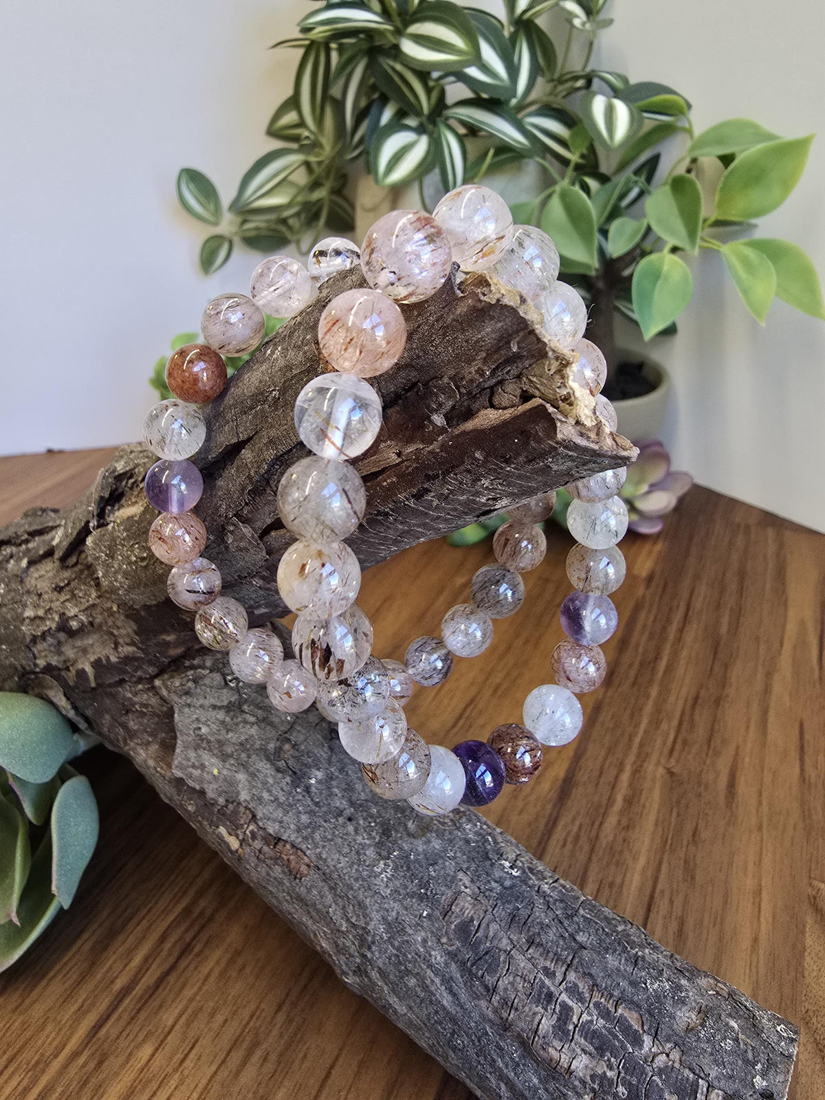 Inv - Copper Rutile Crystal Bracelet | 8MM Rare Mix of Red Fire Quartz, Purple Amethyst and Sparkling Golden Routile Strands | Unique Gift