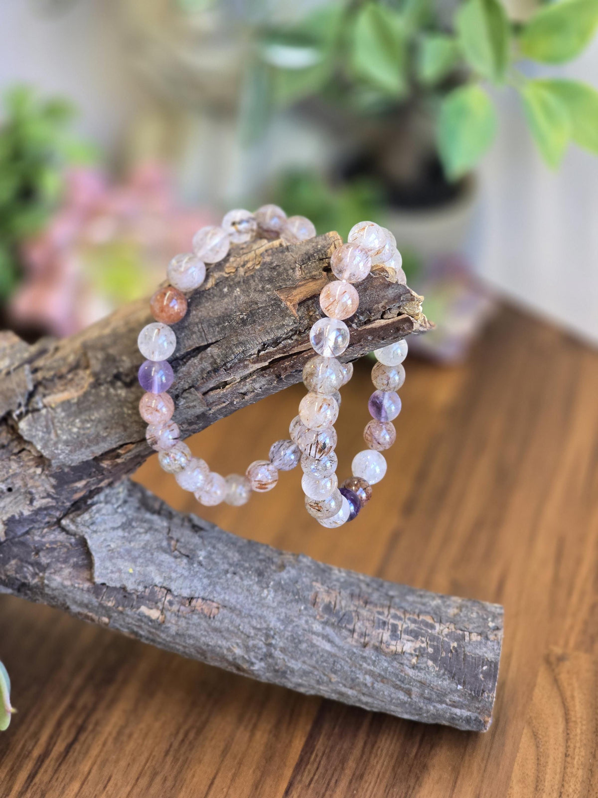 Inv - Copper Rutile Crystal Bracelet | 8MM Rare Mix of Red Fire Quartz, Purple Amethyst and Sparkling Golden Routile Strands | Unique Gift