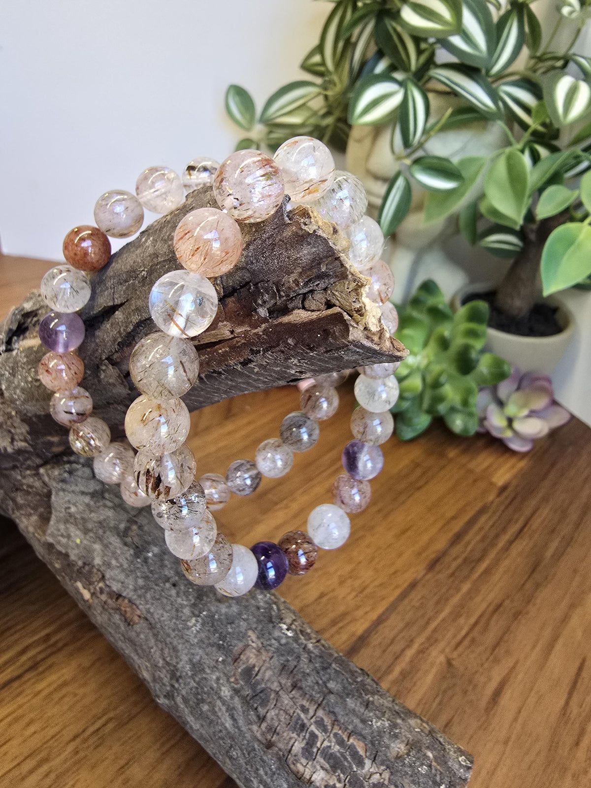 Inv - Copper Rutile Crystal Bracelet | 8MM Rare Mix of Red Fire Quartz, Purple Amethyst and Sparkling Golden Routile Strands | Unique Gift