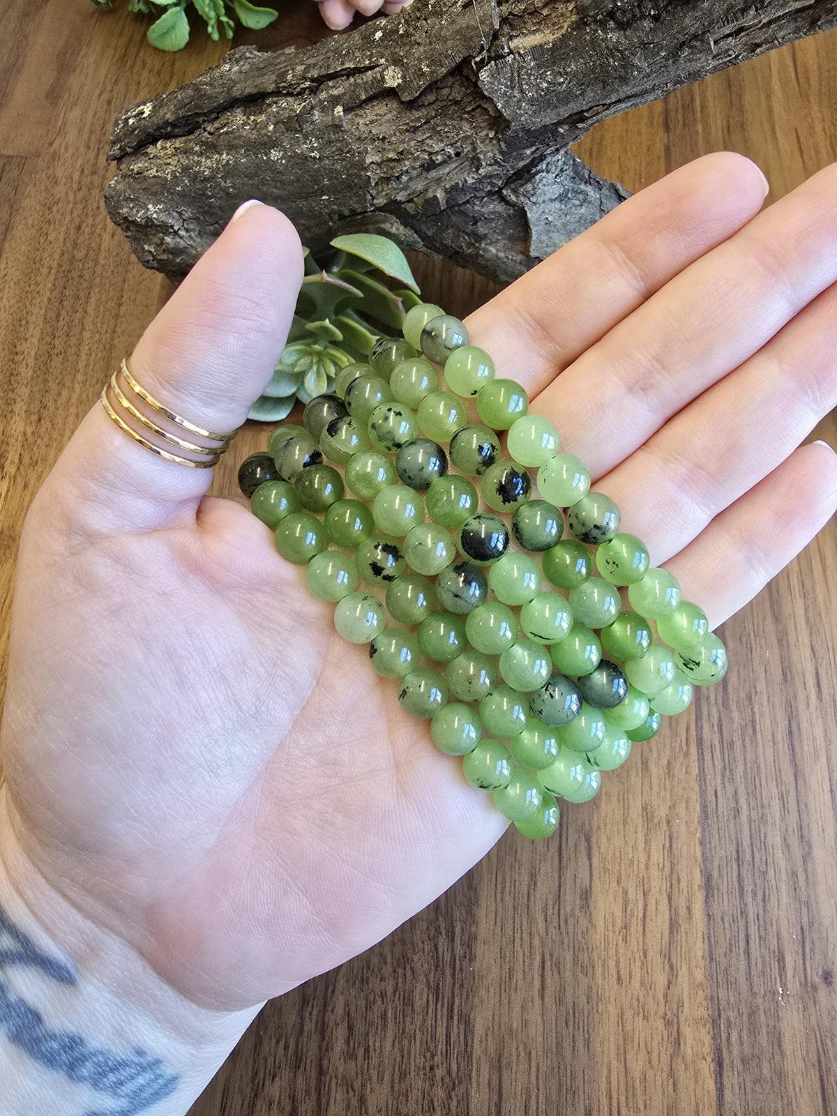 Inv - Green Grape Prehnite Bracelet | 8mm Bright Round Crystal Beads on Comfortable Hypoallergenic Band | Garnet Tourmaline Gift for Her