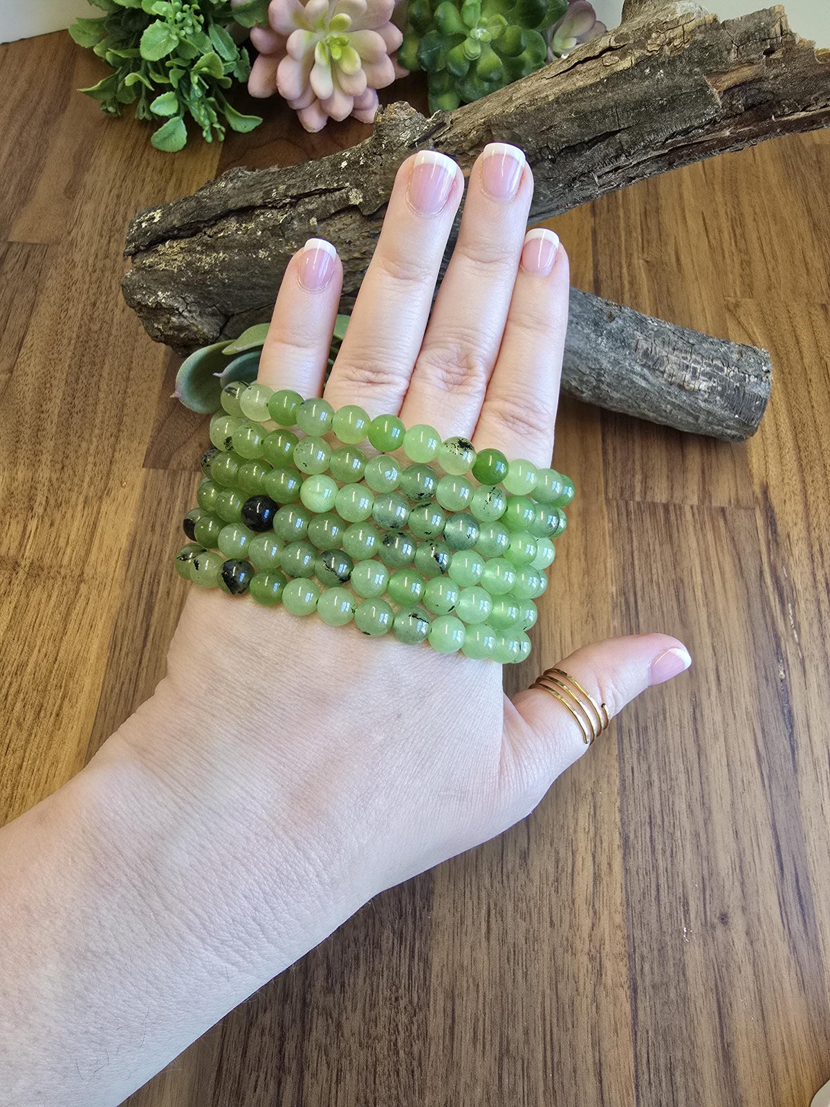 Inv - Green Grape Prehnite Bracelet | 8mm Bright Round Crystal Beads on Comfortable Hypoallergenic Band | Garnet Tourmaline Gift for Her