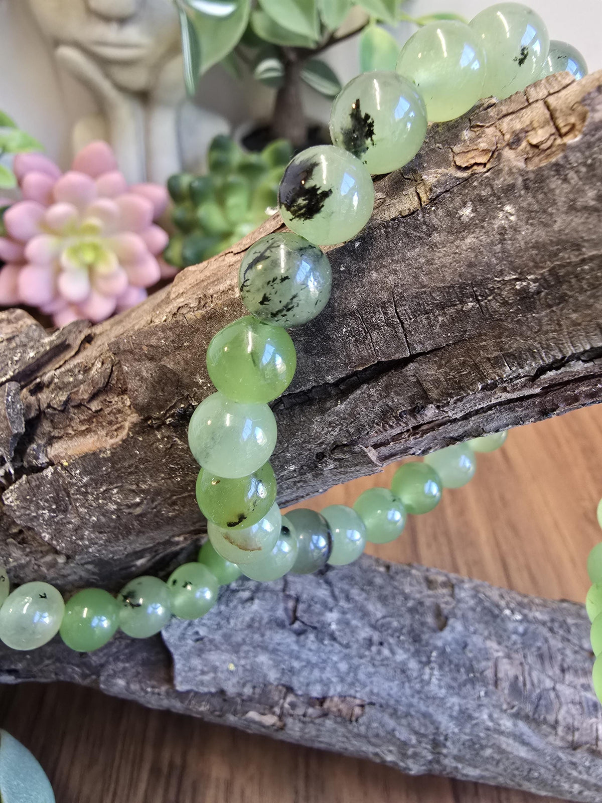 Inv - Green Grape Prehnite Bracelet | 8mm Bright Round Crystal Beads on Comfortable Hypoallergenic Band | Garnet Tourmaline Gift for Her