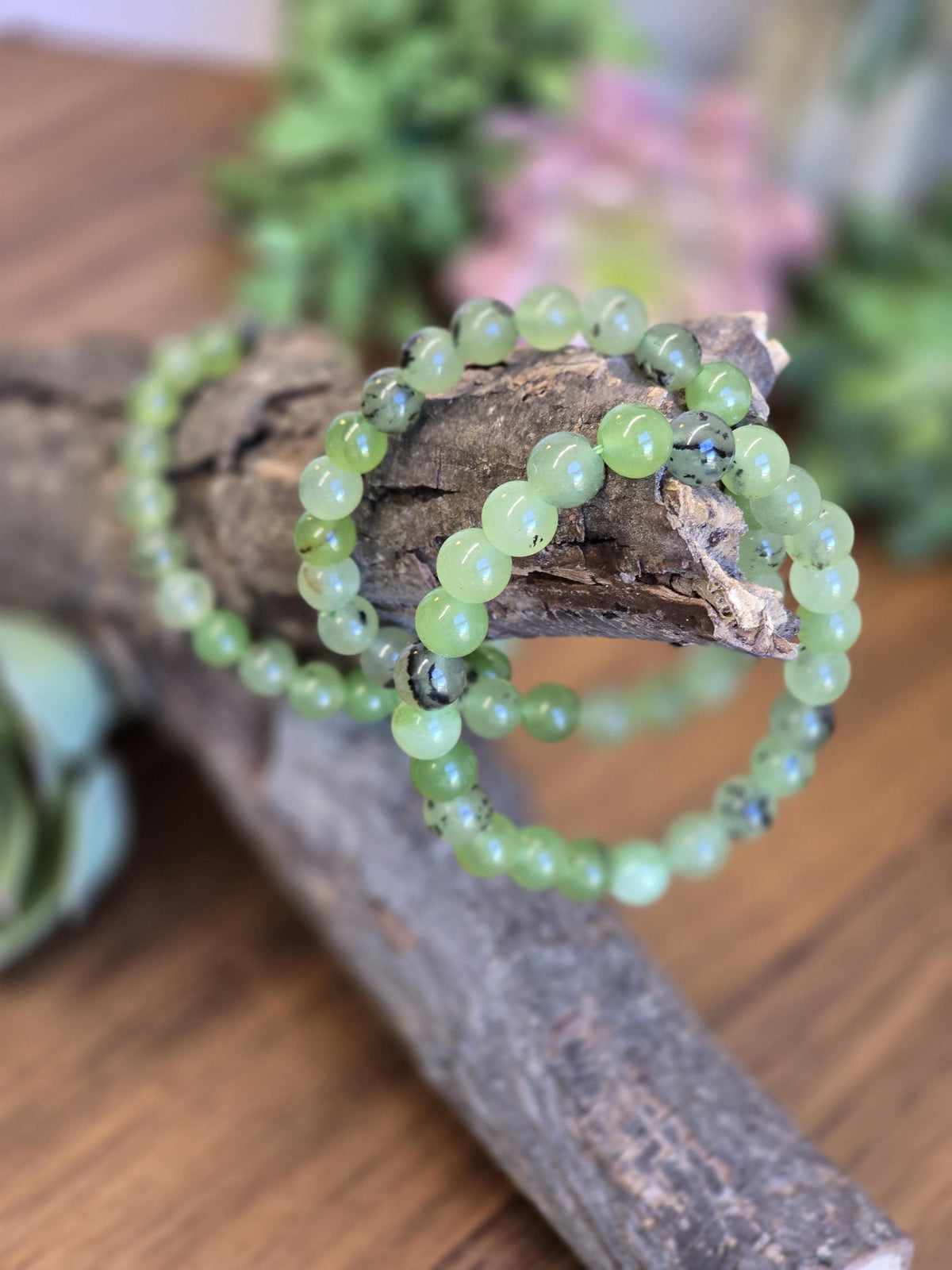 Inv - Green Grape Prehnite Bracelet | 8mm Bright Round Crystal Beads on Comfortable Hypoallergenic Band | Garnet Tourmaline Gift for Her