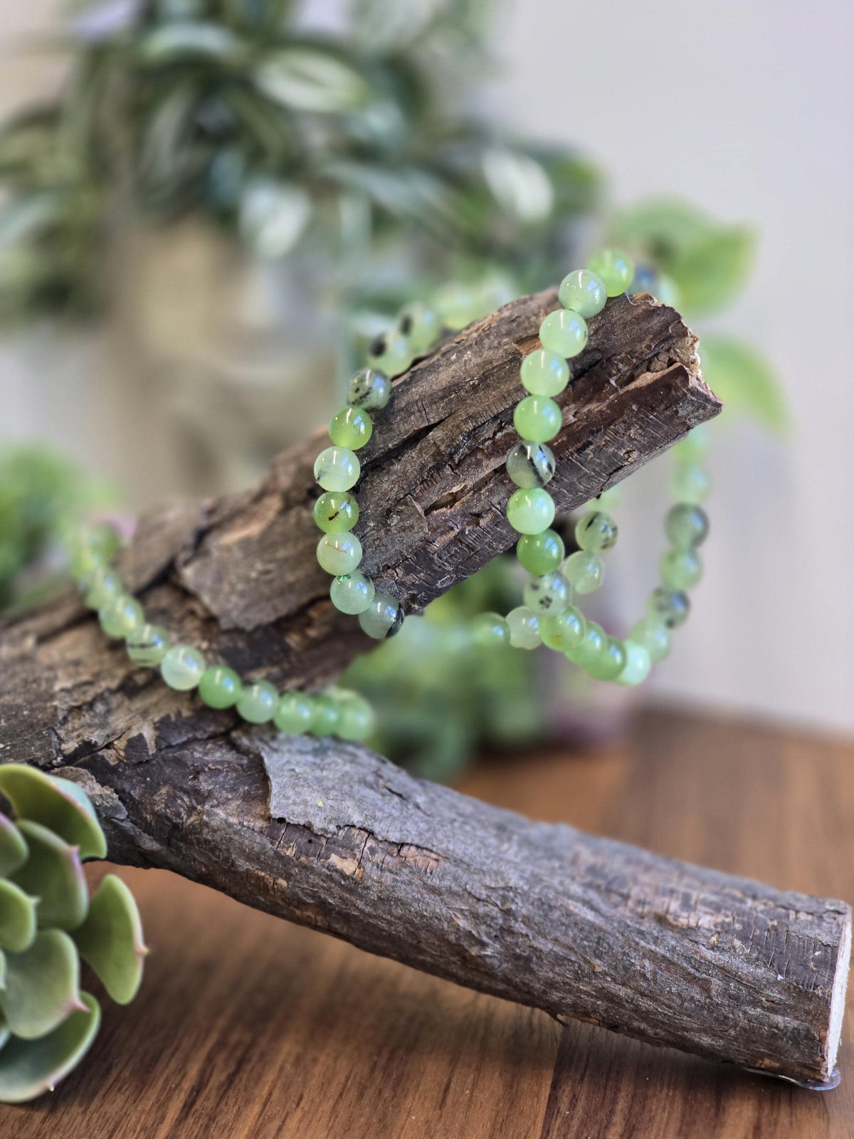 Inv - Green Grape Prehnite Bracelet | 8mm Bright Round Crystal Beads on Comfortable Hypoallergenic Band | Garnet Tourmaline Gift for Her