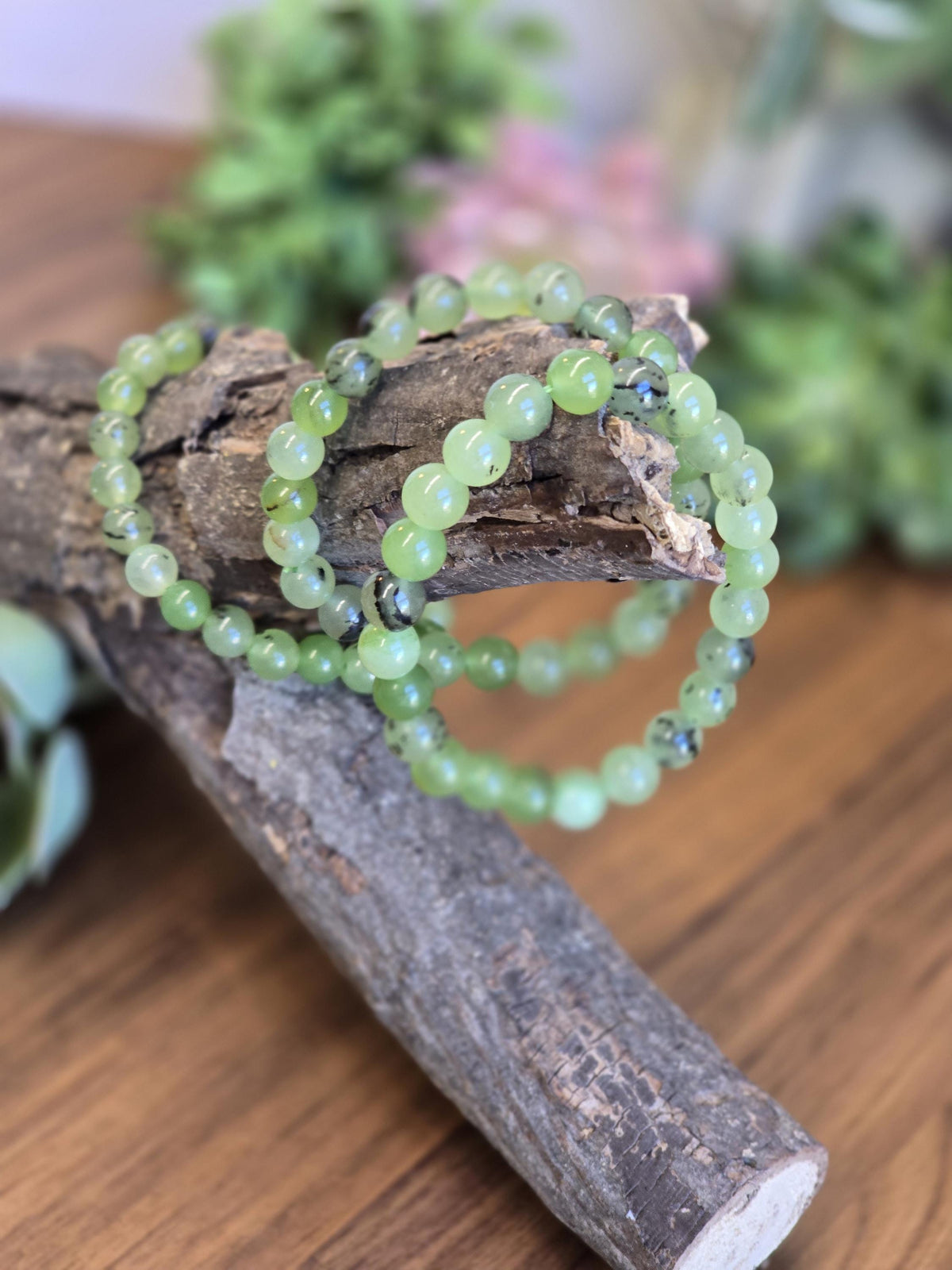 Inv - Green Grape Prehnite Bracelet | 8mm Bright Round Crystal Beads on Comfortable Hypoallergenic Band | Garnet Tourmaline Gift for Her