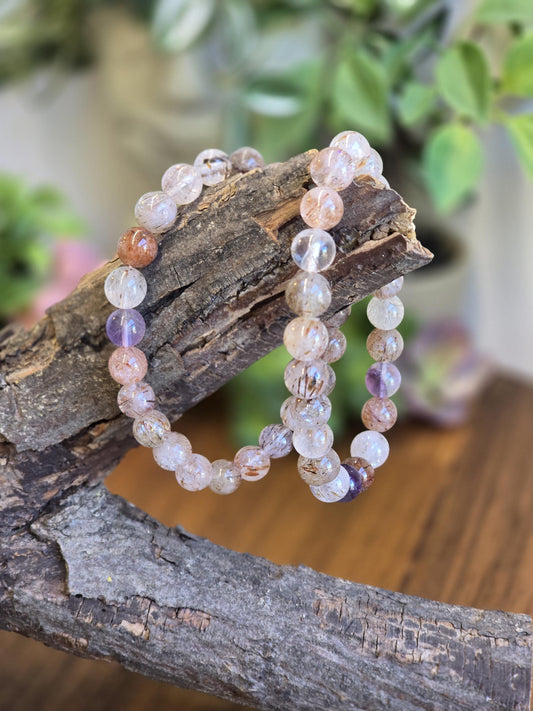Inv - Copper Rutile Crystal Bracelet | 8MM Rare Mix of Red Fire Quartz, Purple Amethyst and Sparkling Golden Routile Strands | Unique Gift