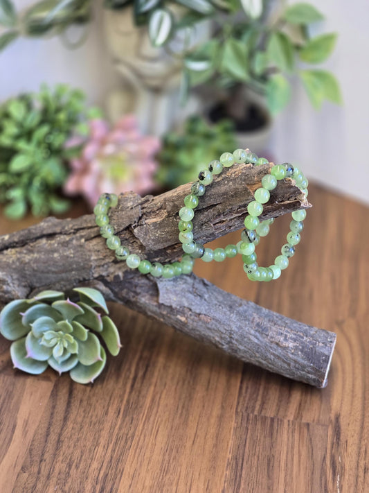 Inv - Green Grape Prehnite Bracelet | 8mm Bright Round Crystal Beads on Comfortable Hypoallergenic Band | Garnet Tourmaline Gift for Her