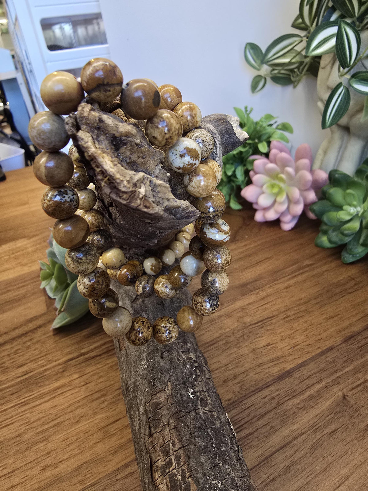 Inv - Picture Jasper Bracelet | 8mm Natural Beige, Tan & Brown Stones with Black Dendritic Desert Landscapes | ADHD Adult Fidget Idea