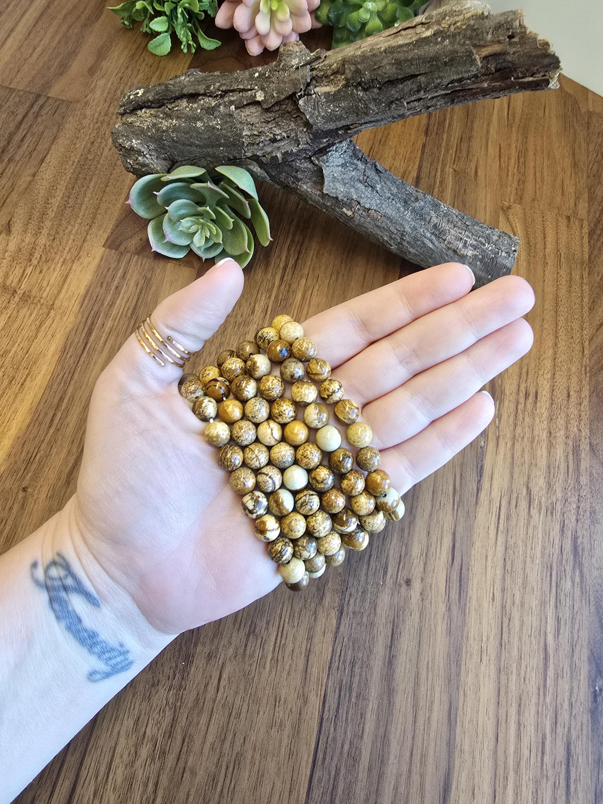 Inv - Picture Jasper Bracelet | 8mm Natural Beige, Tan & Brown Stones with Black Dendritic Desert Landscapes | ADHD Adult Fidget Idea