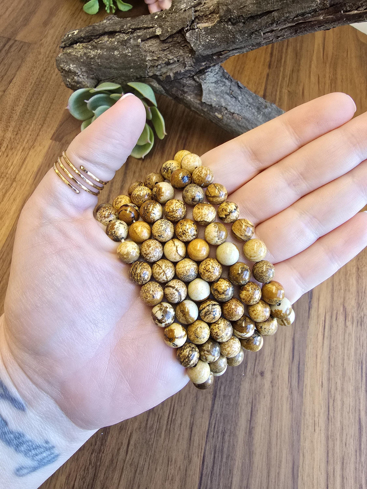 Inv - Picture Jasper Bracelet | 8mm Natural Beige, Tan & Brown Stones with Black Dendritic Desert Landscapes | ADHD Adult Fidget Idea
