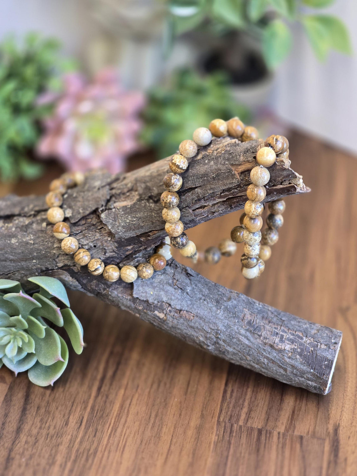Inv - Picture Jasper Bracelet | 8mm Natural Beige, Tan & Brown Stones with Black Dendritic Desert Landscapes | ADHD Adult Fidget Idea