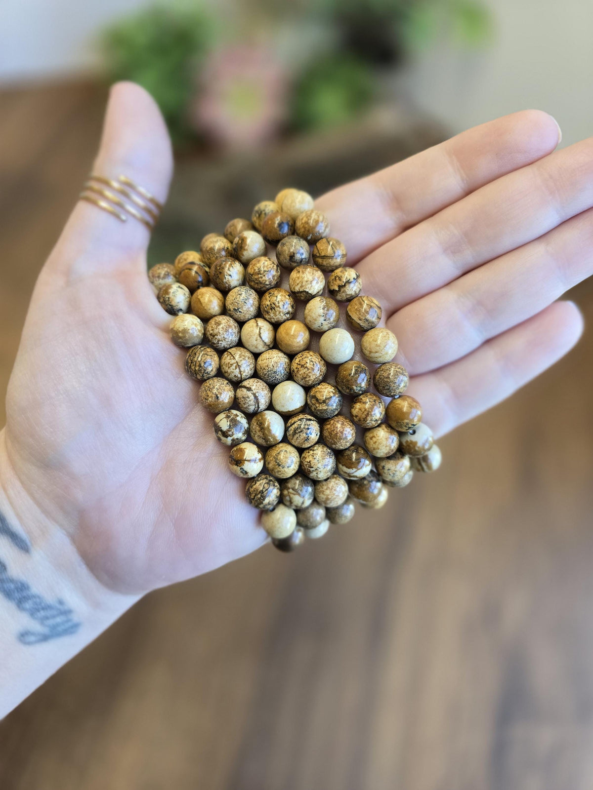 Inv - Picture Jasper Bracelet | 8mm Natural Beige, Tan & Brown Stones with Black Dendritic Desert Landscapes | ADHD Adult Fidget Idea