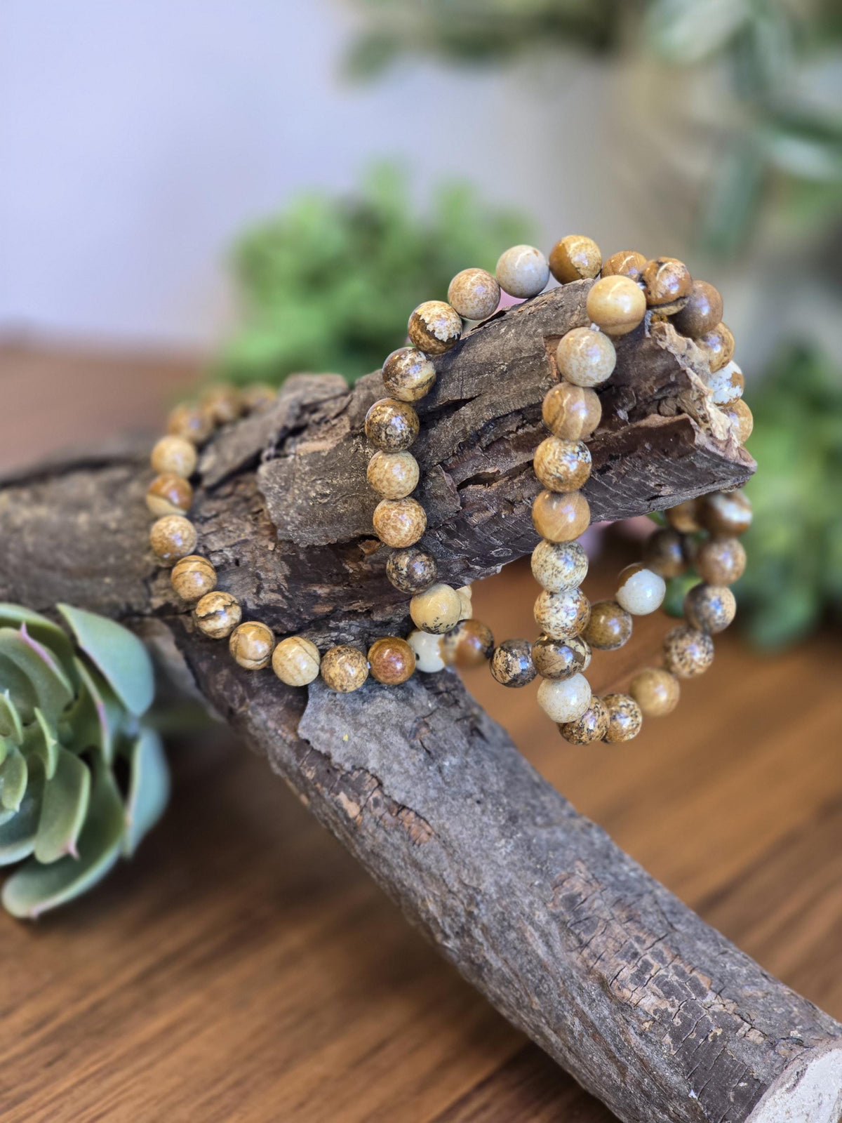 Inv - Picture Jasper Bracelet | 8mm Natural Beige, Tan & Brown Stones with Black Dendritic Desert Landscapes | ADHD Adult Fidget Idea