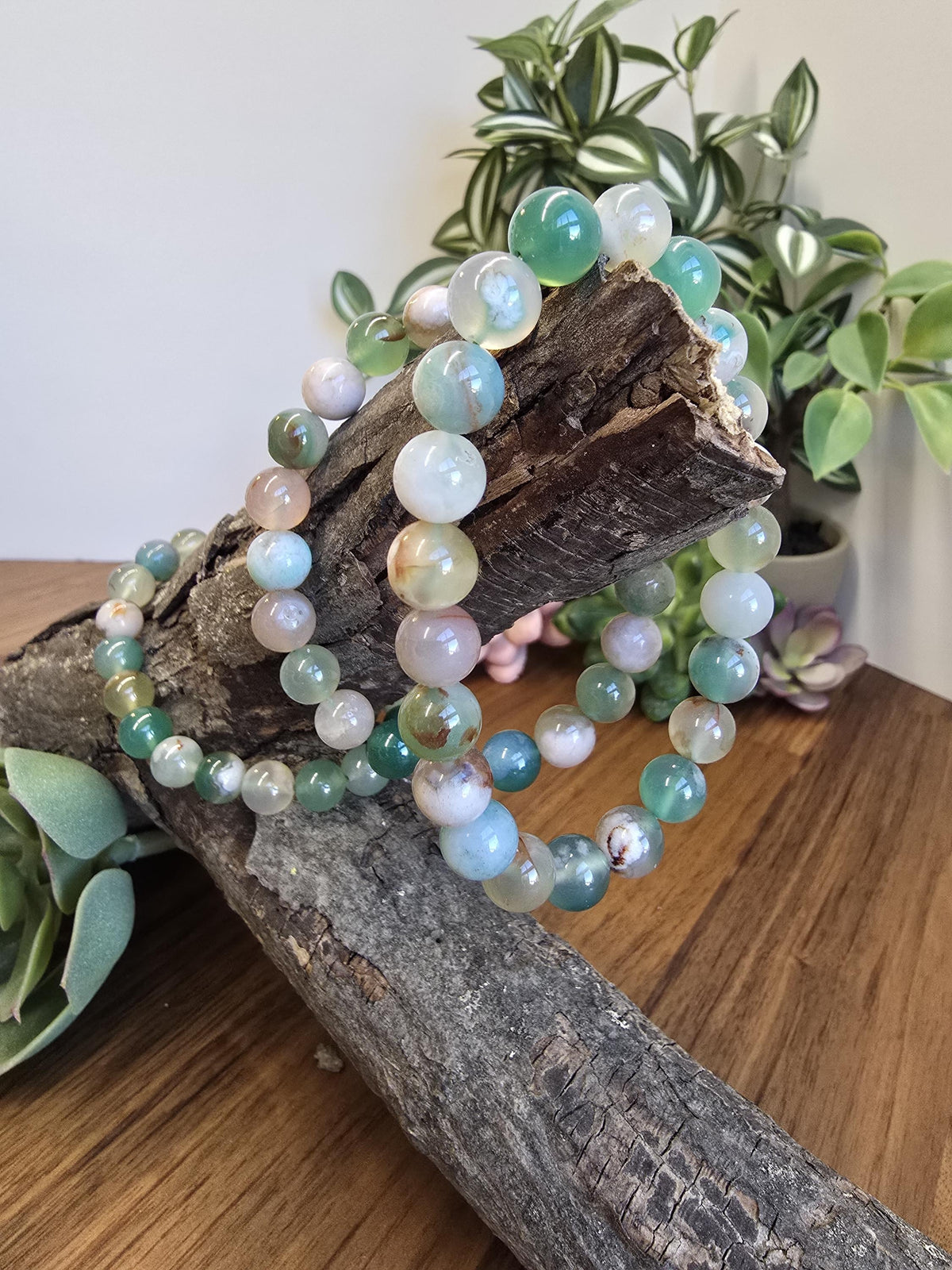 Inv - Green Flower Agate Bracelet | 8mm Crystal Beads, Pink and White Flowers on Sage Mint Matrix | Pretty Spring Fit, Birthday Gift for Her