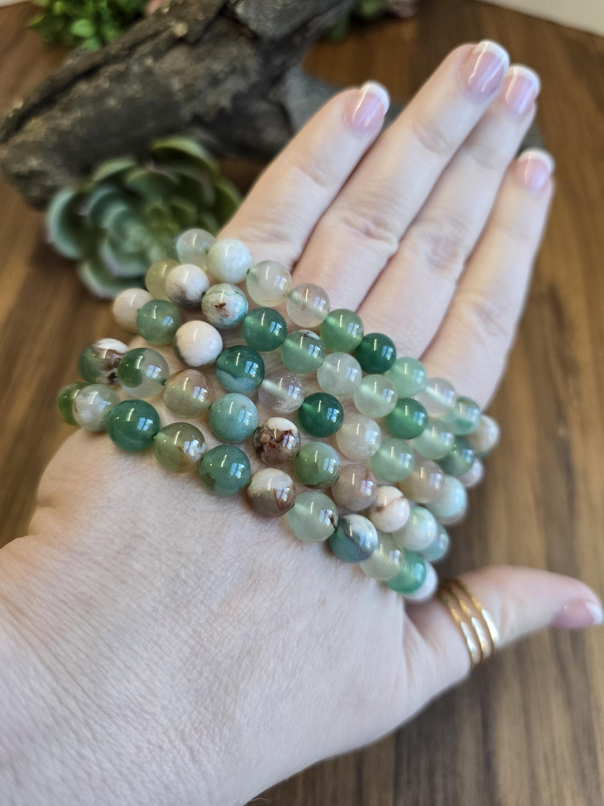 Inv - Green Flower Agate Bracelet | 8mm Crystal Beads, Pink and White Flowers on Sage Mint Matrix | Pretty Spring Fit, Birthday Gift for Her