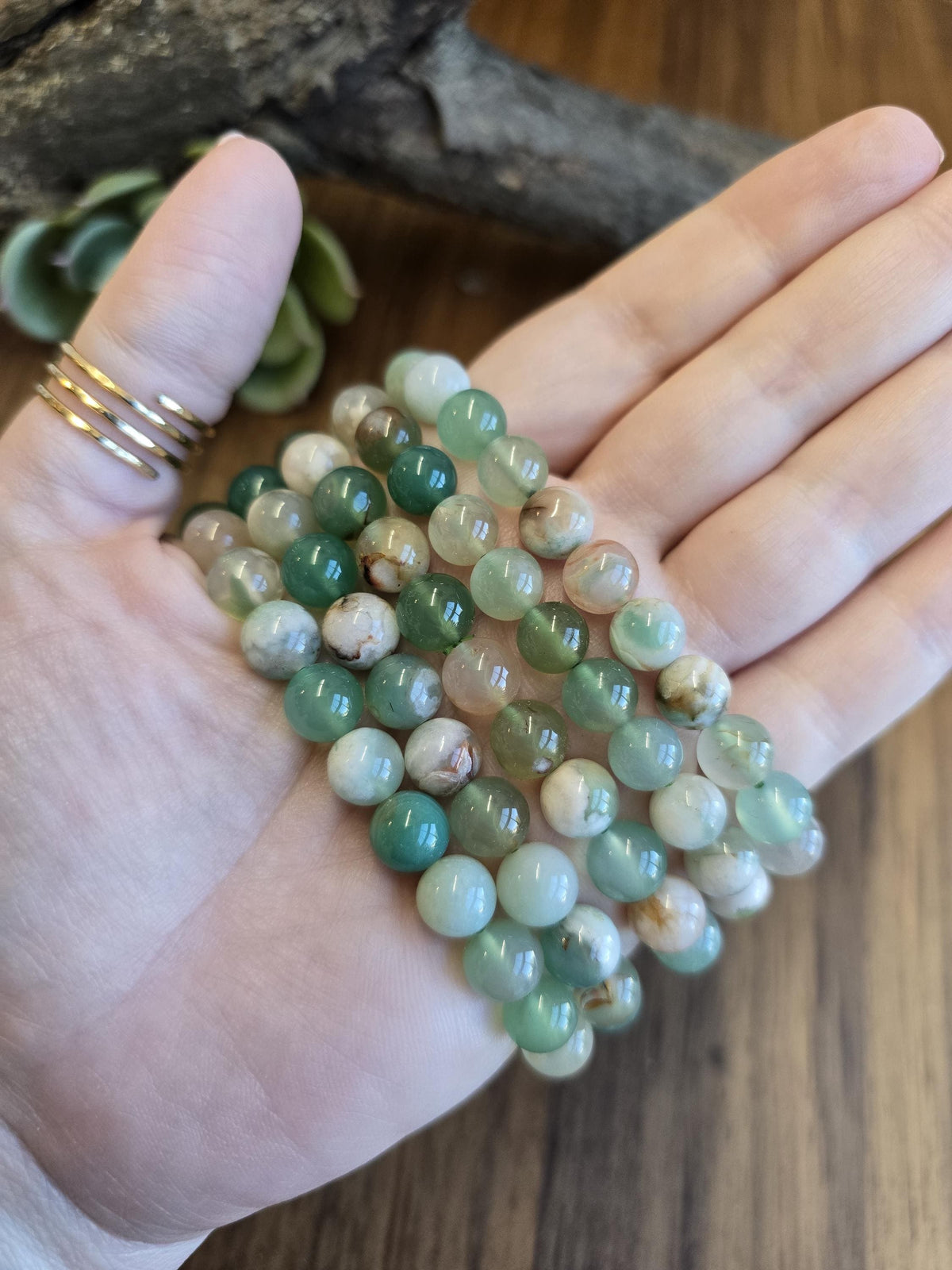 Inv - Green Flower Agate Bracelet | 8mm Crystal Beads, Pink and White Flowers on Sage Mint Matrix | Pretty Spring Fit, Birthday Gift for Her