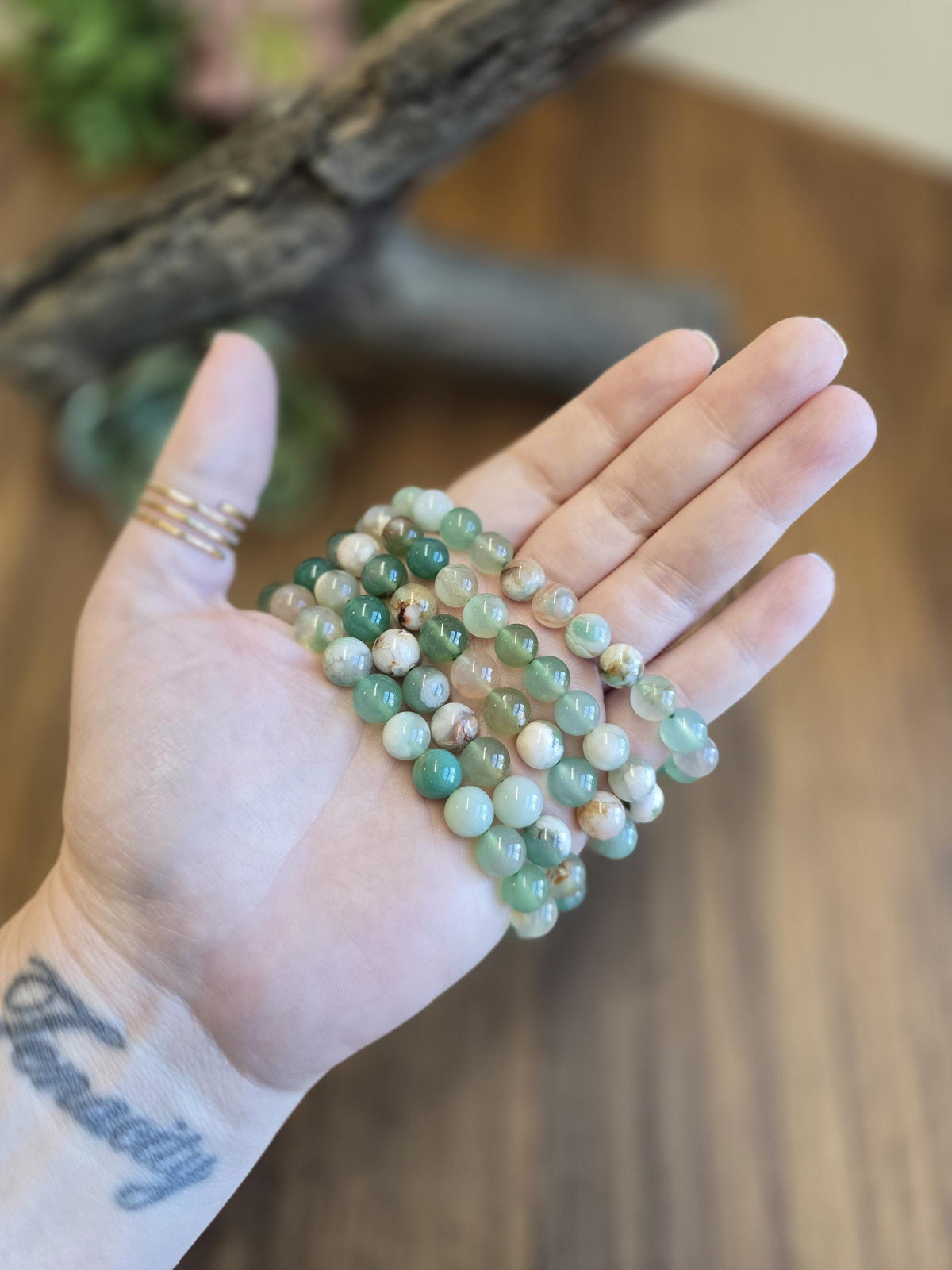 Inv - Green Flower Agate Bracelet | 8mm Crystal Beads, Pink and White Flowers on Sage Mint Matrix | Pretty Spring Fit, Birthday Gift for Her