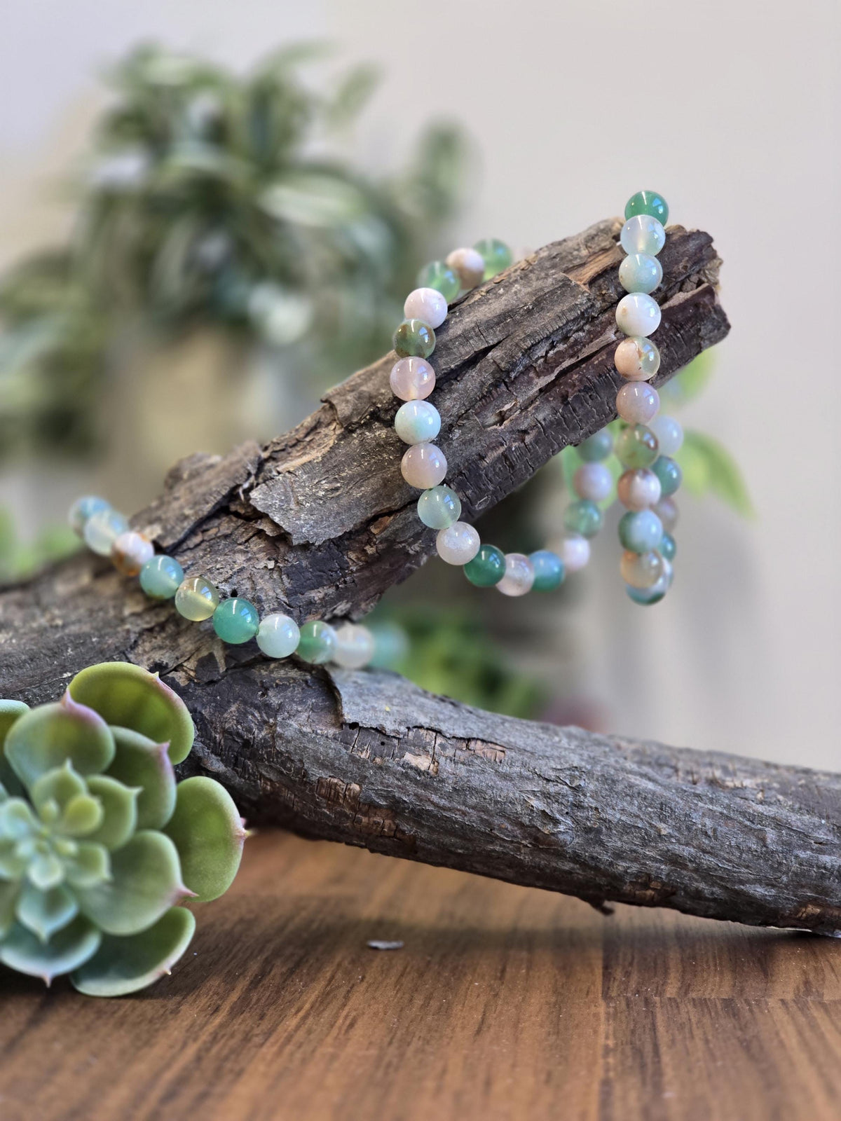 Inv - Green Flower Agate Bracelet | 8mm Crystal Beads, Pink and White Flowers on Sage Mint Matrix | Pretty Spring Fit, Birthday Gift for Her