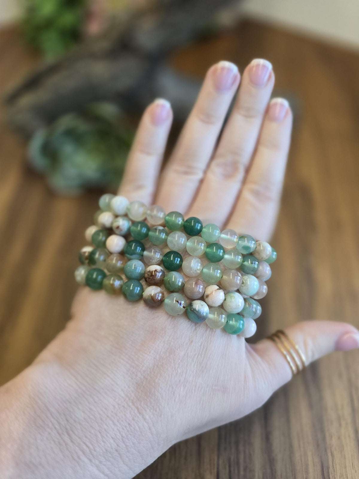 Inv - Green Flower Agate Bracelet | 8mm Crystal Beads, Pink and White Flowers on Sage Mint Matrix | Pretty Spring Fit, Birthday Gift for Her