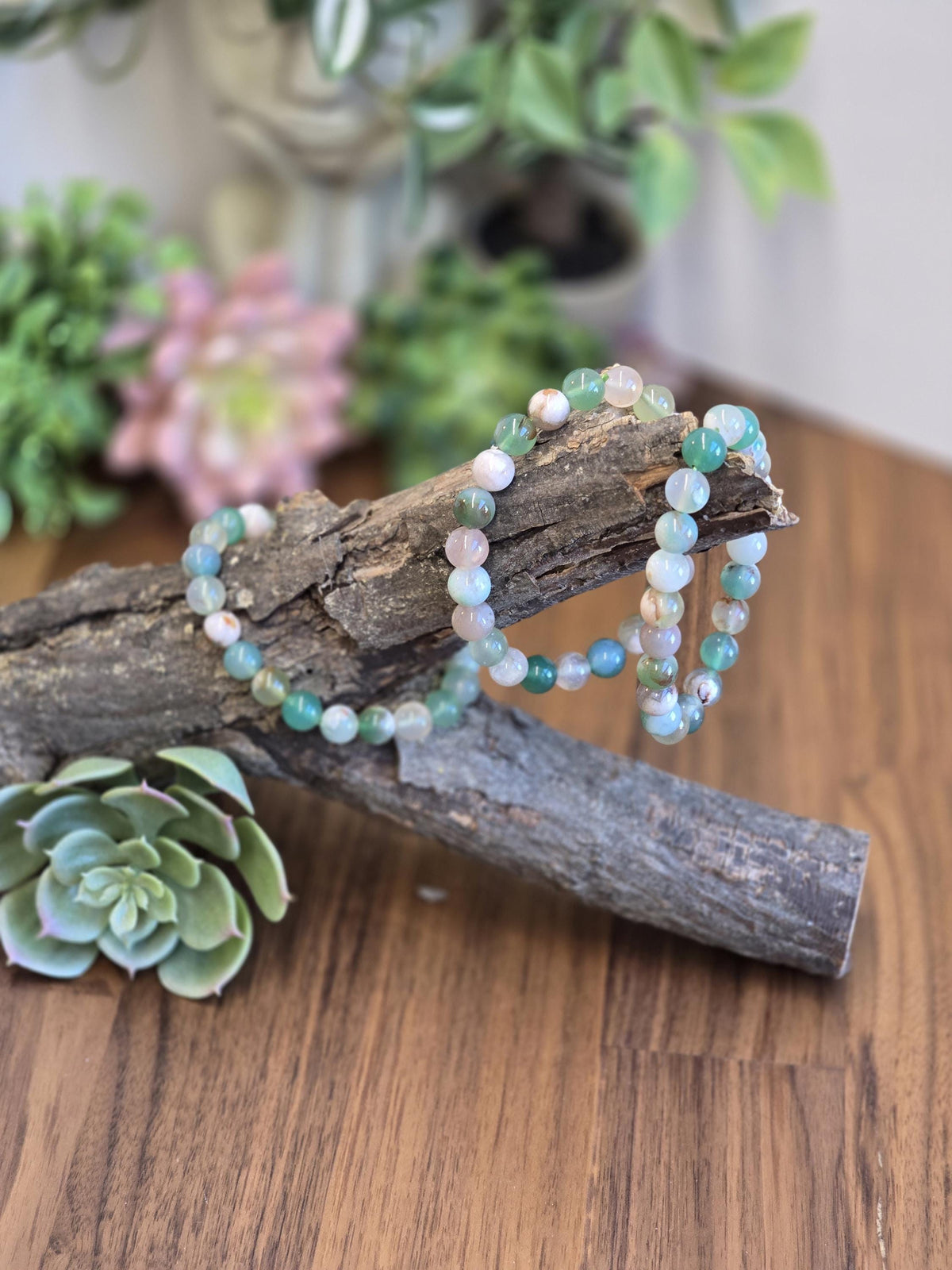 Inv - Green Flower Agate Bracelet | 8mm Crystal Beads, Pink and White Flowers on Sage Mint Matrix | Pretty Spring Fit, Birthday Gift for Her