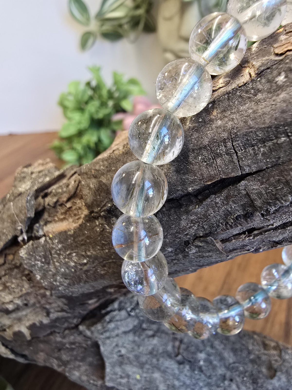 Inv - Green Rutile in Quartz Bracelet | 8mm High Quality Clear Quartz with Green Rutilated Strands - Only 2 Available