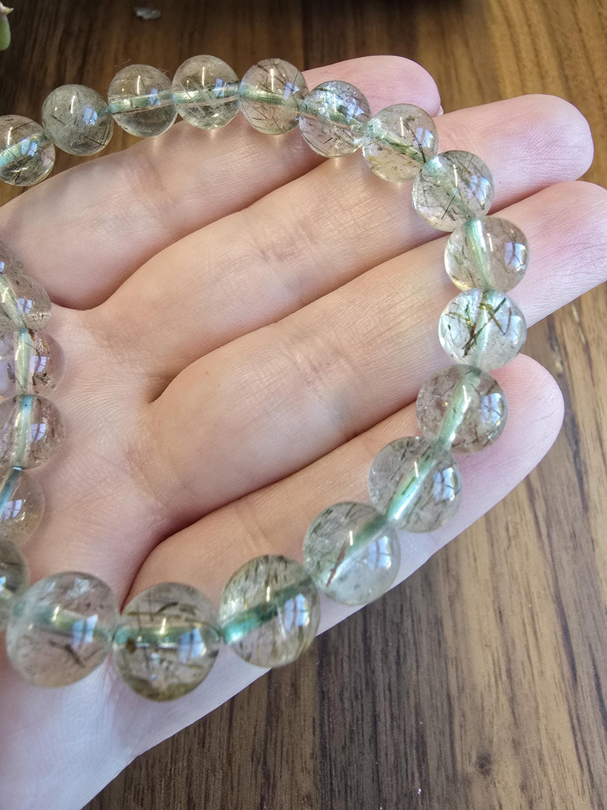Inv - Green Rutile in Quartz Bracelet | 8mm High Quality Clear Quartz with Green Rutilated Strands - Only 2 Available