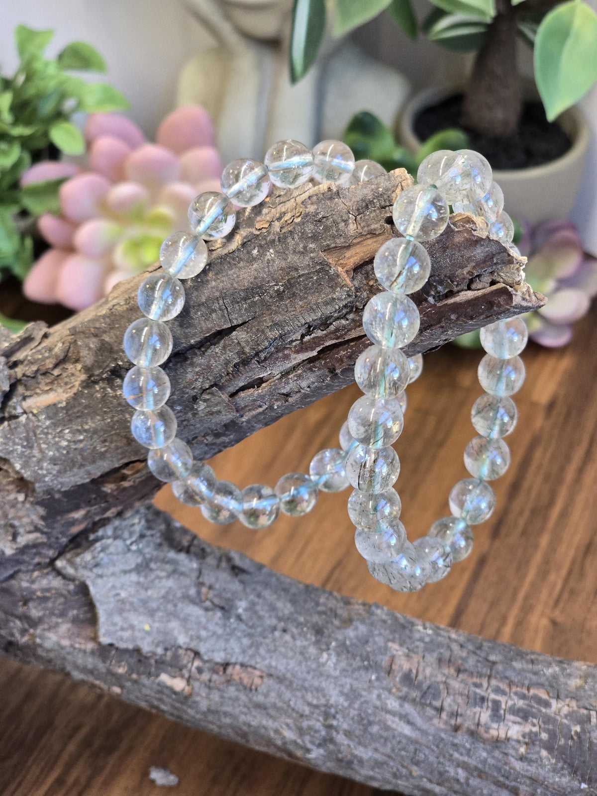 Inv - Green Rutile in Quartz Bracelet | 8mm High Quality Clear Quartz with Green Rutilated Strands - Only 2 Available