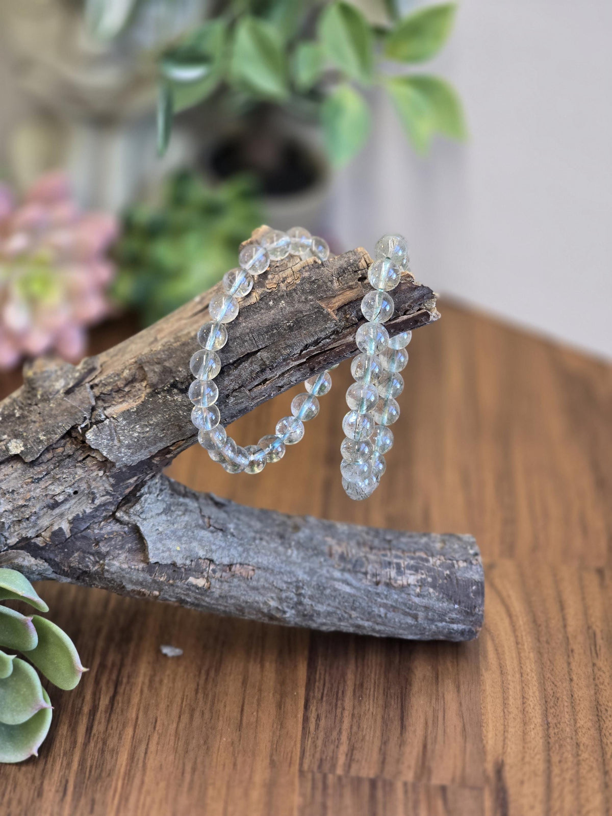 Inv - Green Rutile in Quartz Bracelet | 8mm High Quality Clear Quartz with Green Rutilated Strands - Only 2 Available
