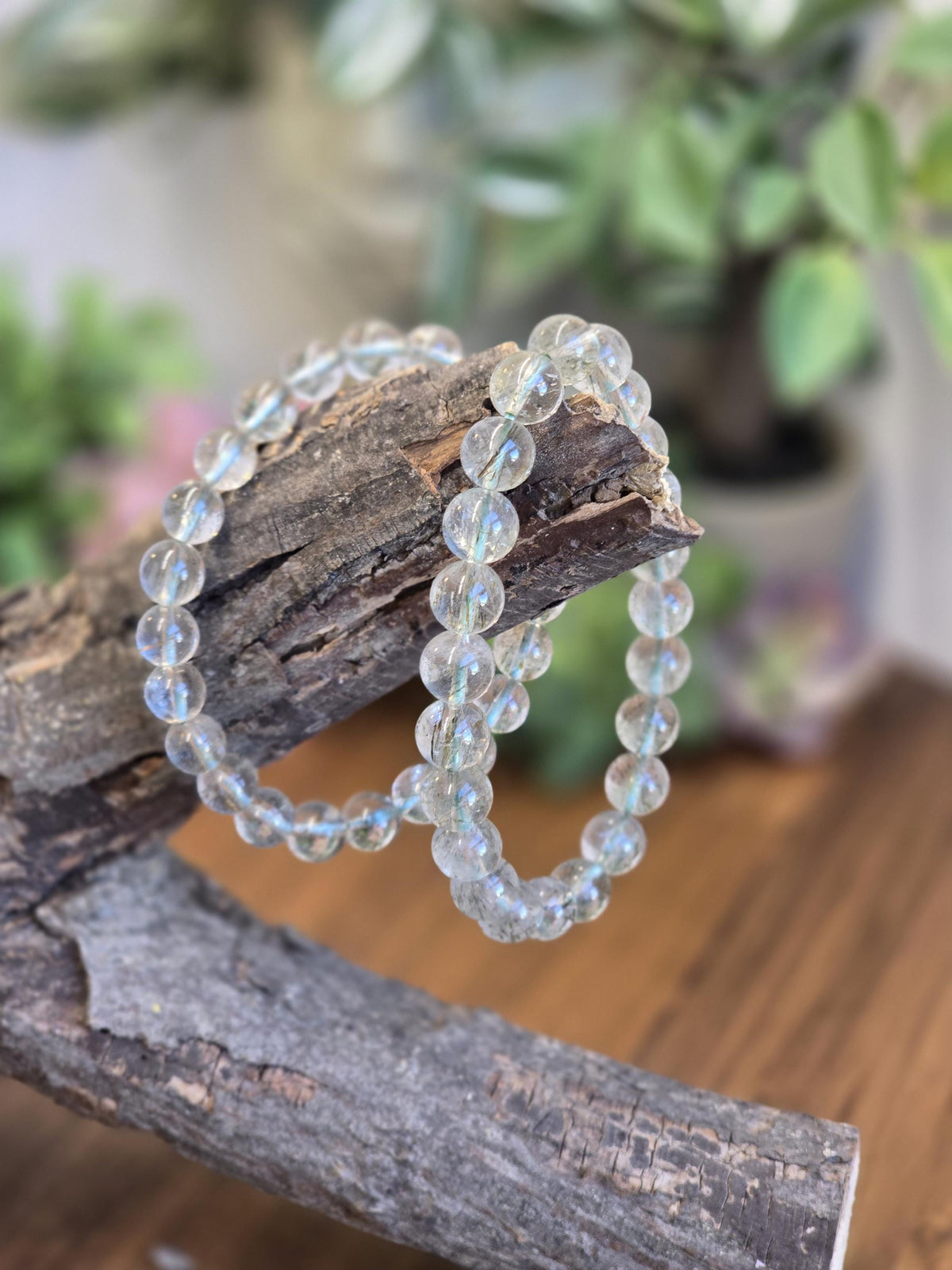 Inv - Green Rutile in Quartz Bracelet | 8mm High Quality Clear Quartz with Green Rutilated Strands - Only 2 Available