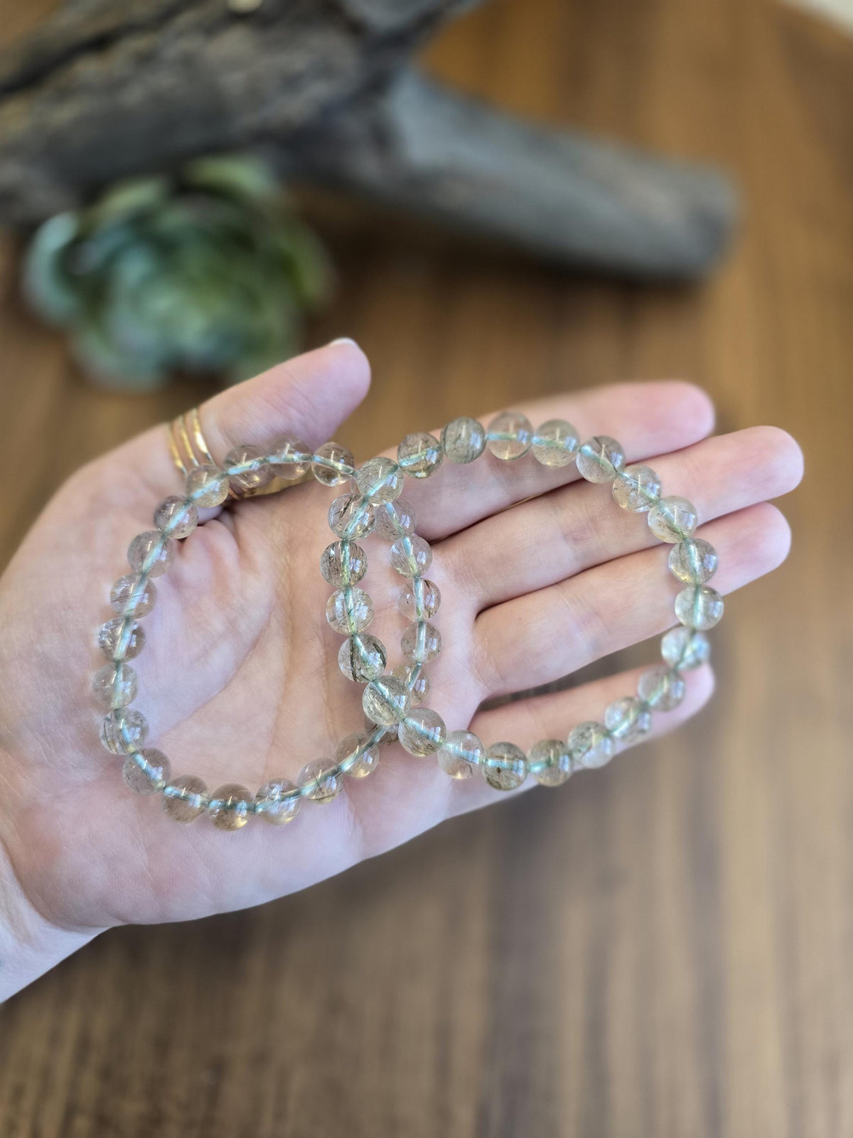 Inv - Green Rutile in Quartz Bracelet | 8mm High Quality Clear Quartz with Green Rutilated Strands - Only 2 Available