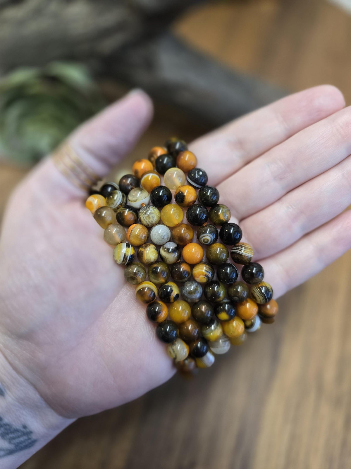 Bumblebee Banded Agate: 8MM Crystal Beaded Bracelet for Bee Lovers, Unique Halloween Accessories | Gift for men or Columbus Crew Fans