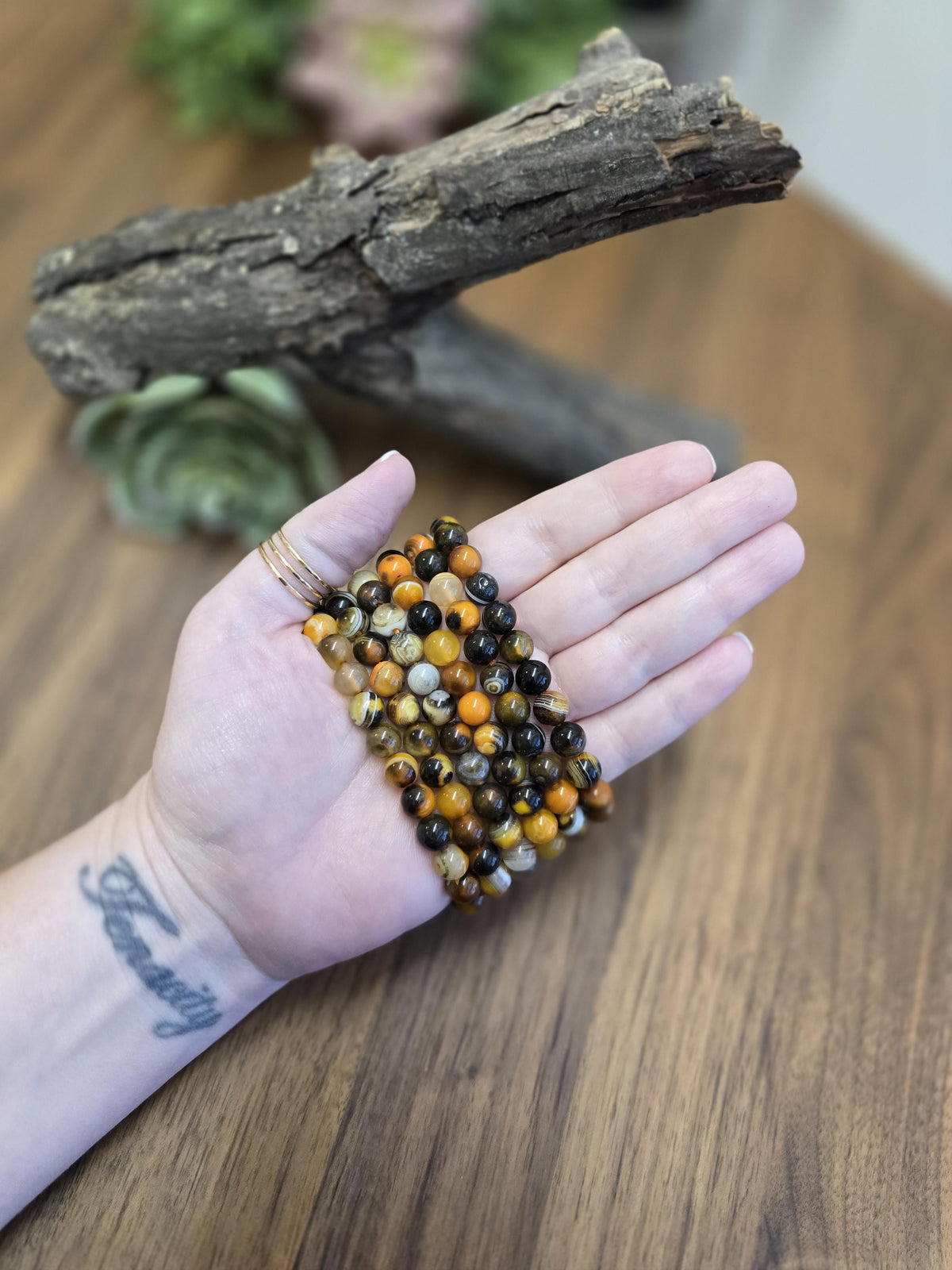 Bumblebee Banded Agate: 8MM Crystal Beaded Bracelet for Bee Lovers, Unique Halloween Accessories | Gift for men or Columbus Crew Fans