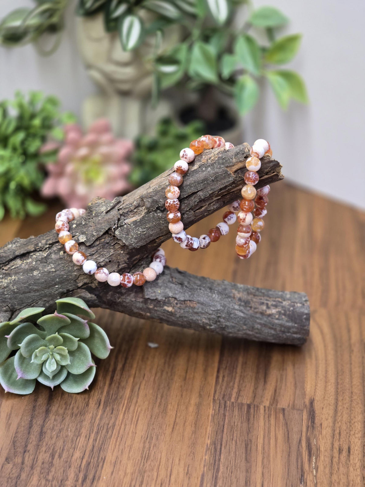 Inv - Orange Fire Agate Bracelet | 8mm Carnelian Fire Crackle Agate Crystal Beads | Sunny Warm Autumn Citrus Accessory