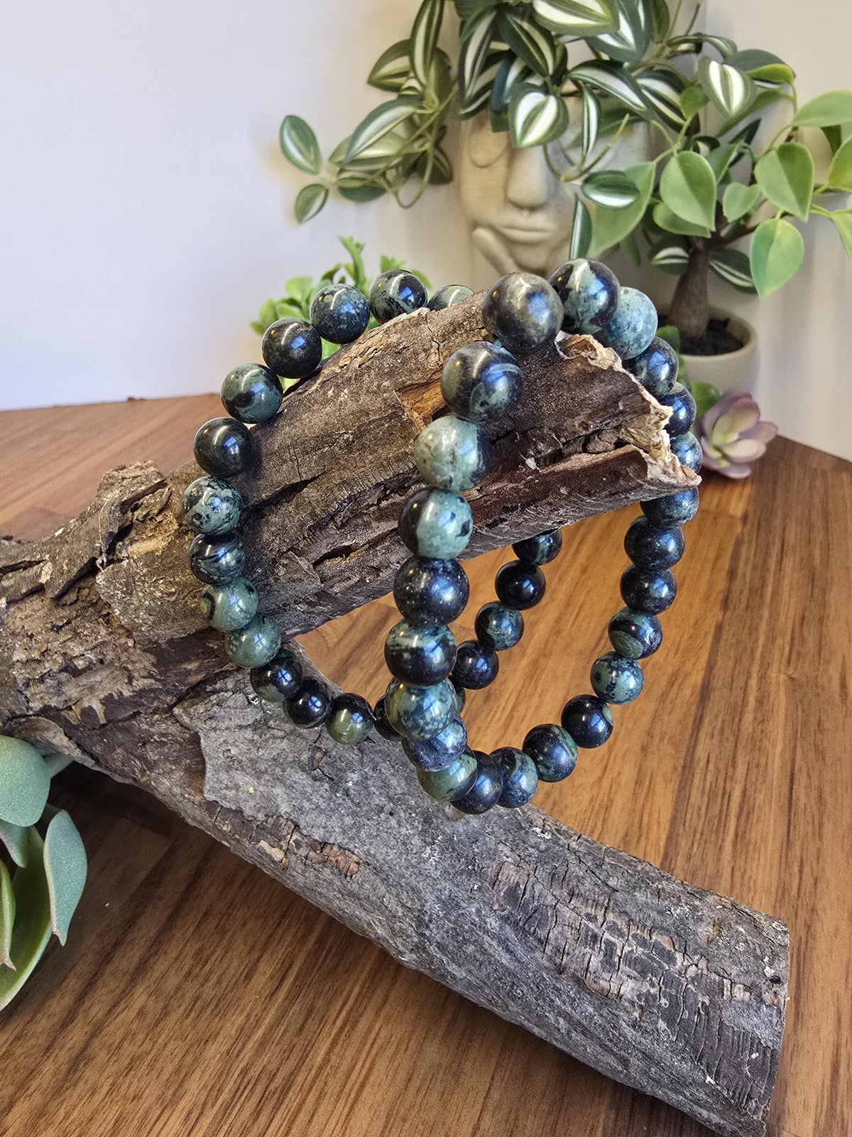 Inv - Kambaba Jasper Bracelet: 8MM Dark Green Crystal Beads | Evil Eye patterns and swirls in deep Forest Colors | Subtle gift for him