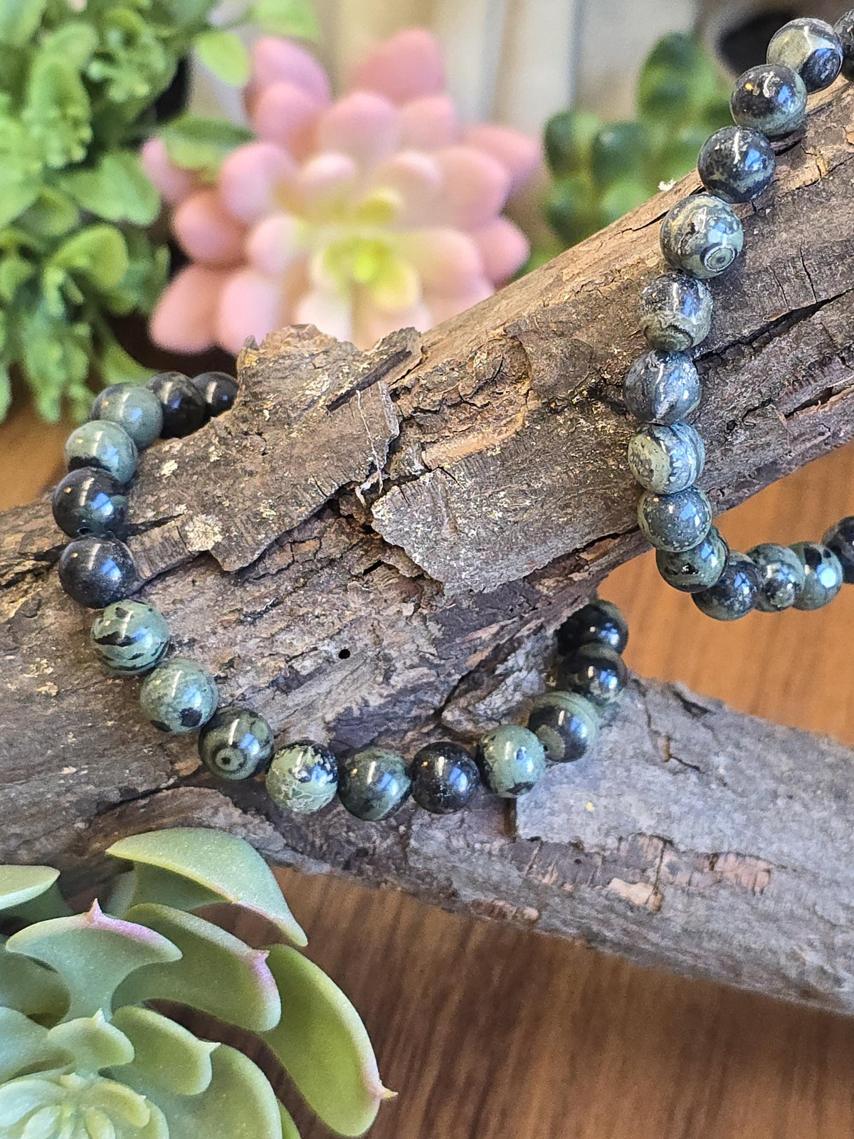 Inv - Kambaba Jasper Bracelet: 8MM Dark Green Crystal Beads | Evil Eye patterns and swirls in deep Forest Colors | Subtle gift for him