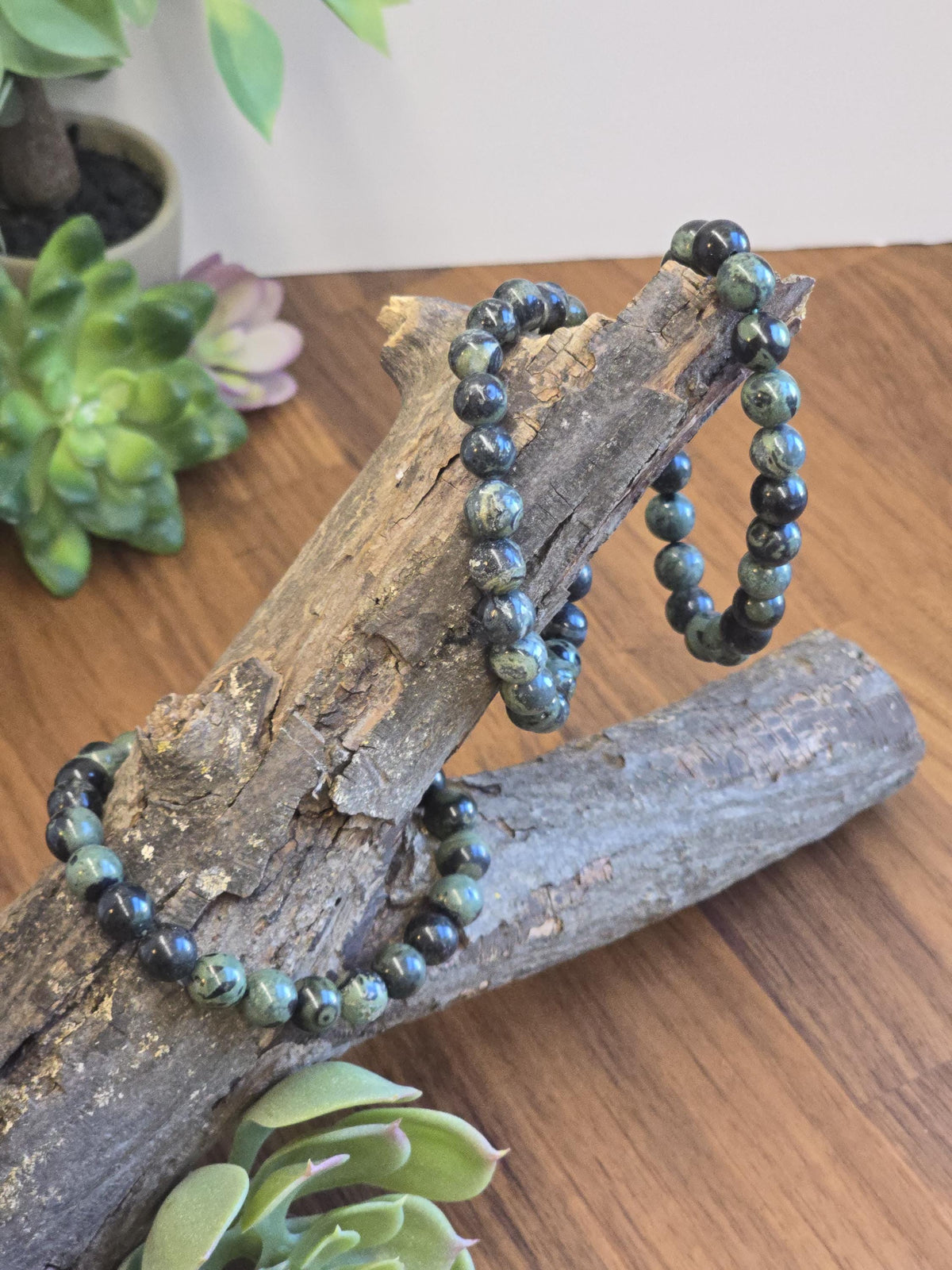 Inv - Kambaba Jasper Bracelet: 8MM Dark Green Crystal Beads | Evil Eye patterns and swirls in deep Forest Colors | Subtle gift for him