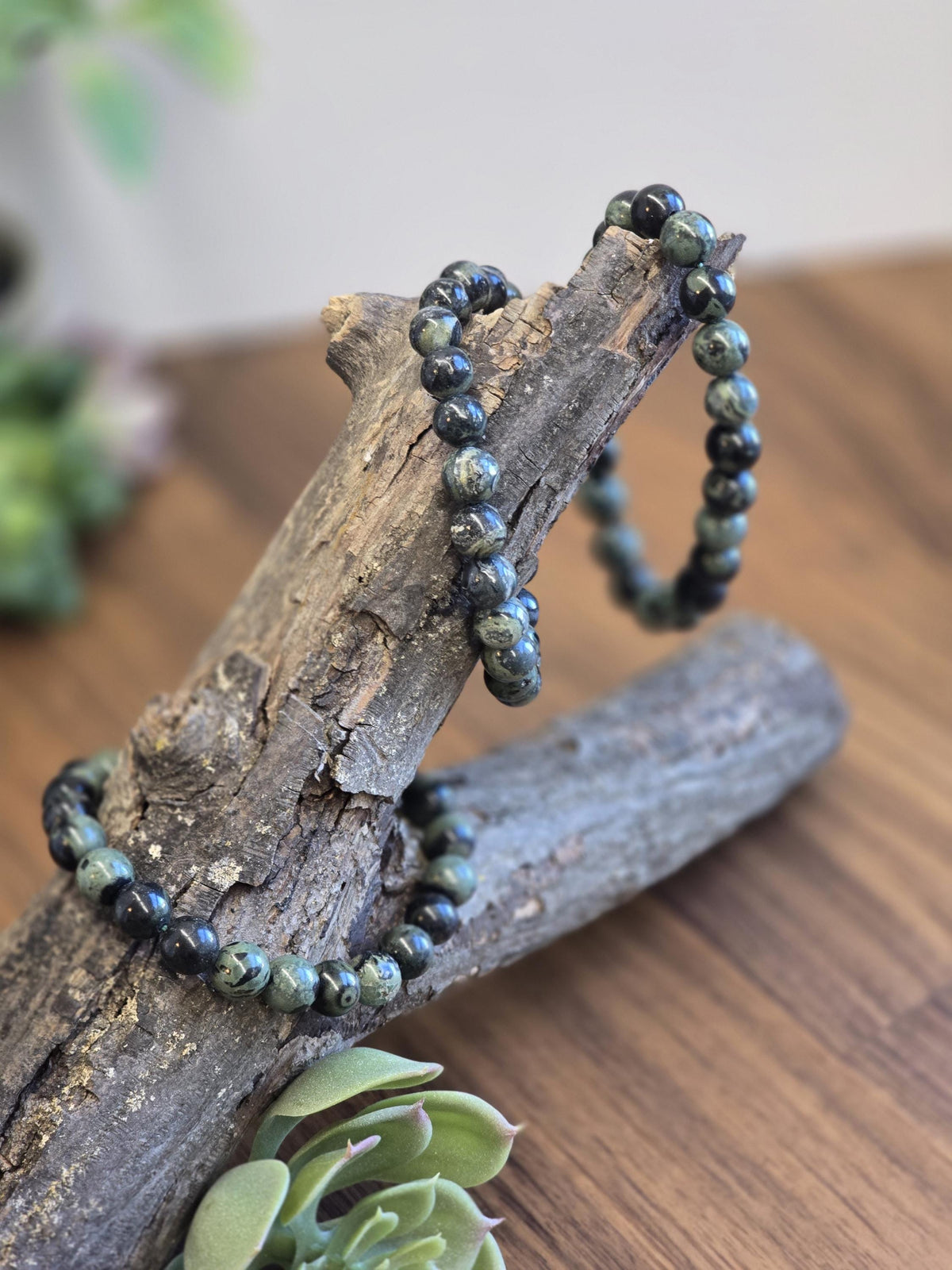 Inv - Kambaba Jasper Bracelet: 8MM Dark Green Crystal Beads | Evil Eye patterns and swirls in deep Forest Colors | Subtle gift for him
