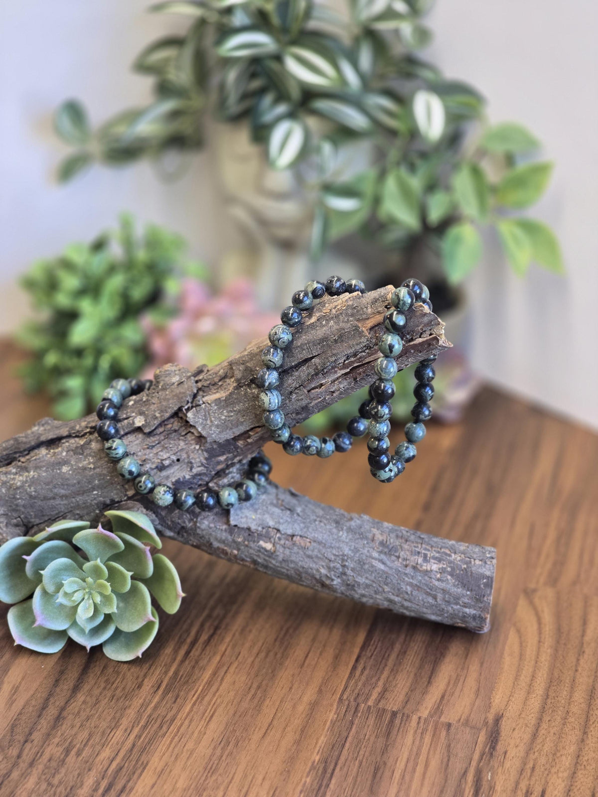 Inv - Kambaba Jasper Bracelet: 8MM Dark Green Crystal Beads | Evil Eye patterns and swirls in deep Forest Colors | Subtle gift for him