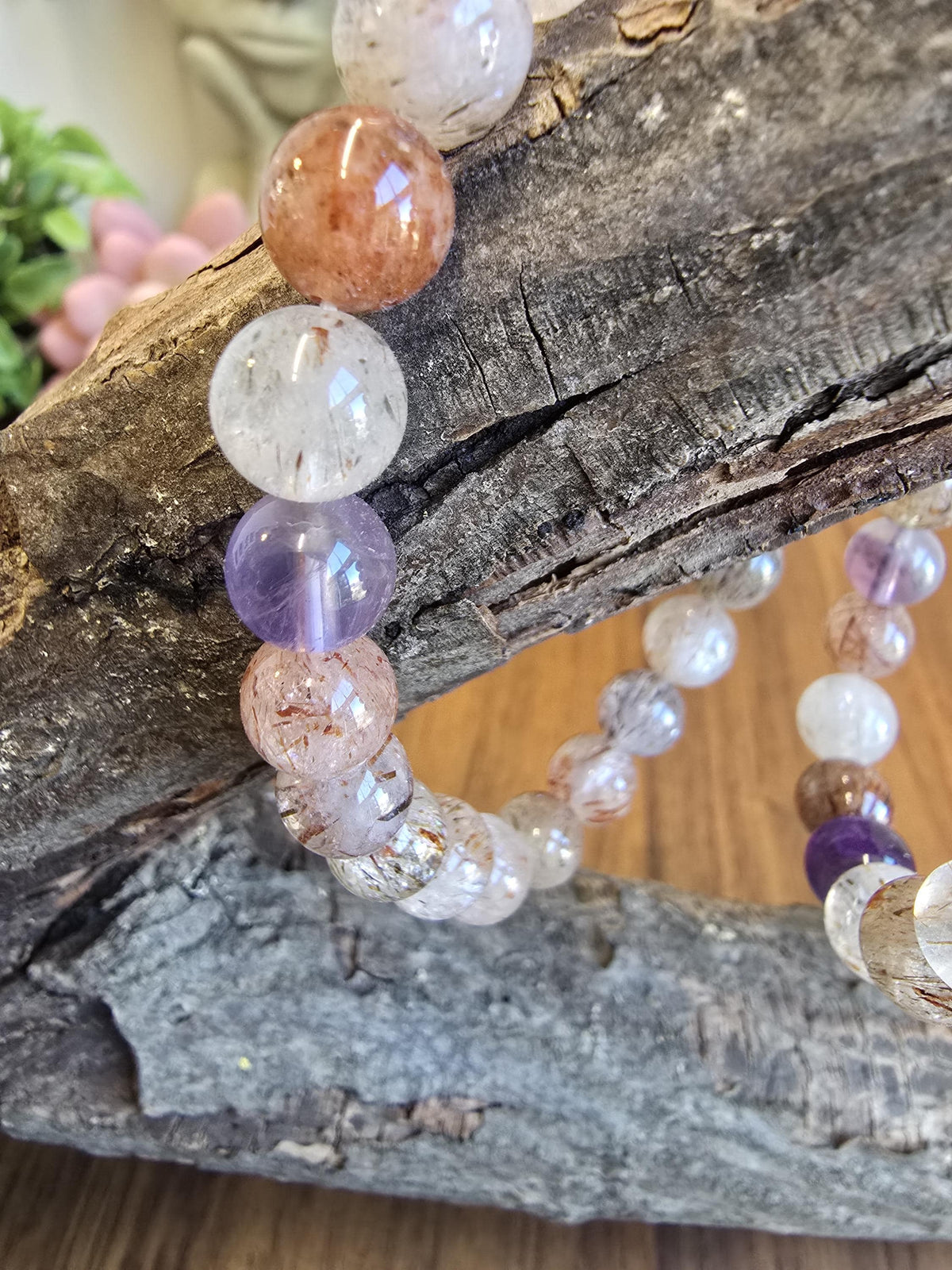 Inv - Copper Rutile Crystal Bracelet | 8MM Rare Mix of Red Fire Quartz, Purple Amethyst and Sparkling Golden Routile Strands | Unique Gift