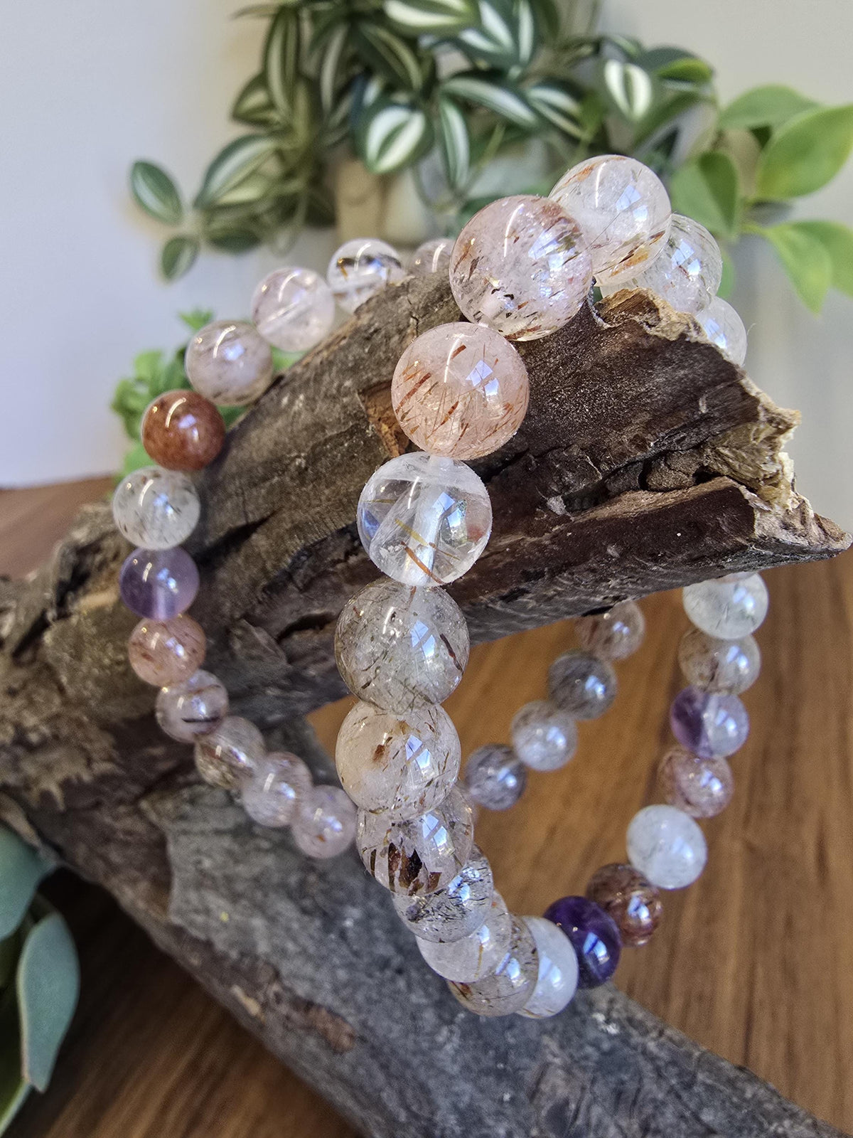 Inv - Copper Rutile Crystal Bracelet | 8MM Rare Mix of Red Fire Quartz, Purple Amethyst and Sparkling Golden Routile Strands | Unique Gift