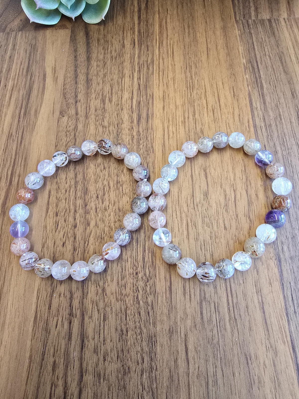 Inv - Copper Rutile Crystal Bracelet | 8MM Rare Mix of Red Fire Quartz, Purple Amethyst and Sparkling Golden Routile Strands | Unique Gift