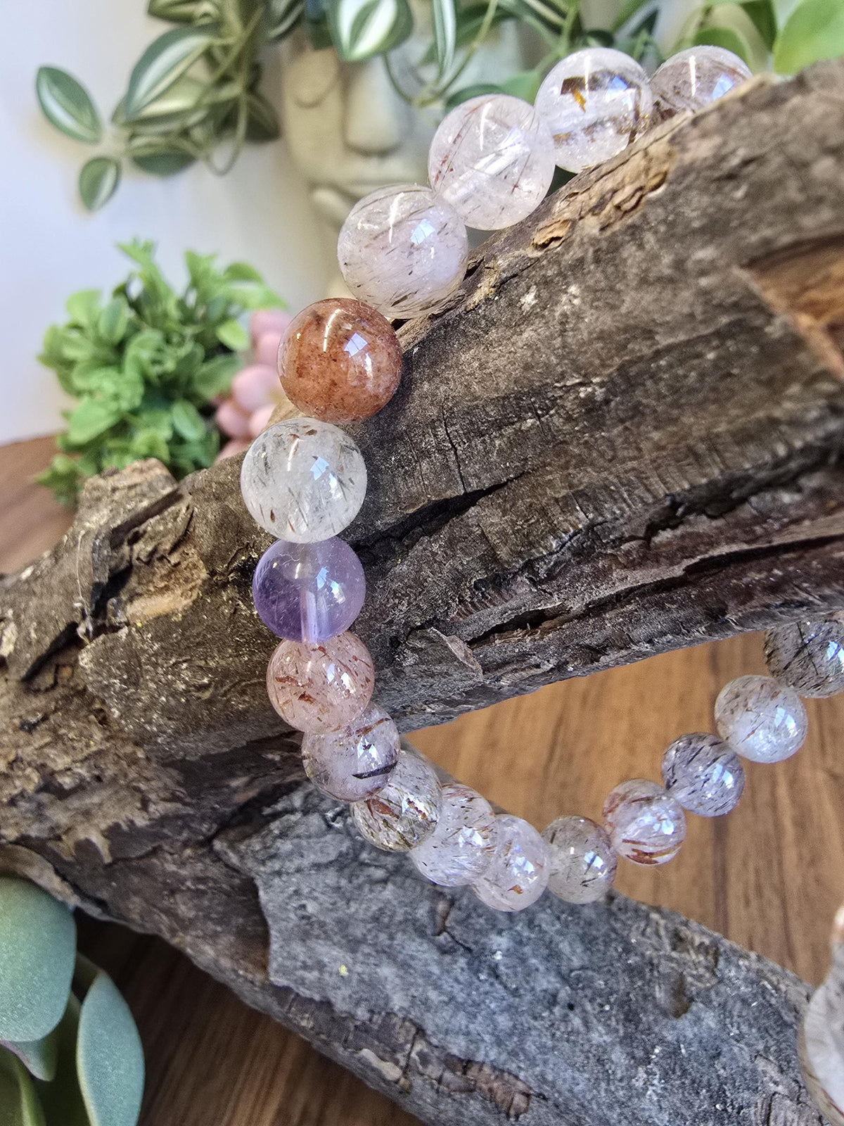 Inv - Copper Rutile Crystal Bracelet | 8MM Rare Mix of Red Fire Quartz, Purple Amethyst and Sparkling Golden Routile Strands | Unique Gift